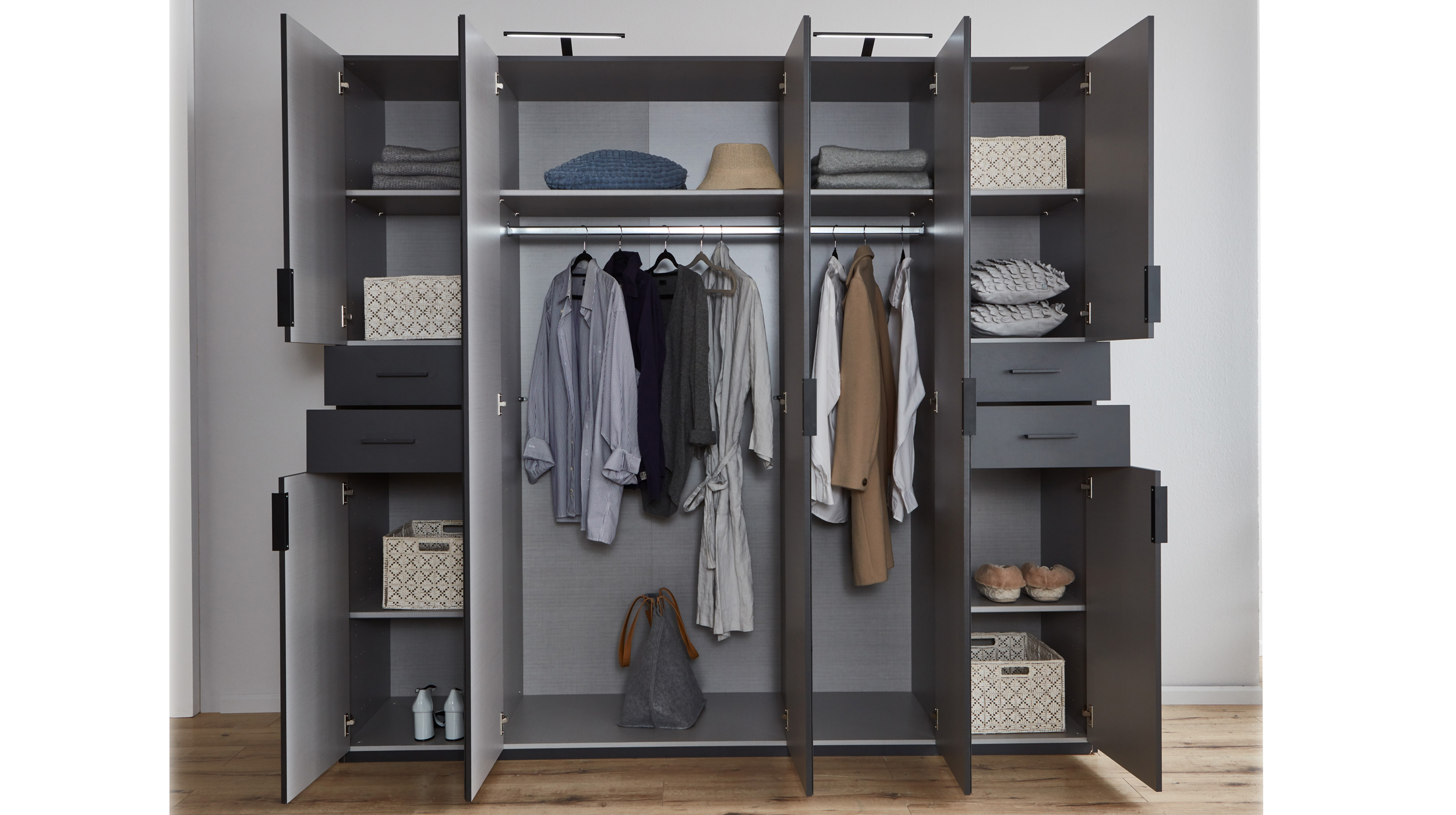 Kleiderschrank graphit Glas schwarz 225 cm - HENDRIK