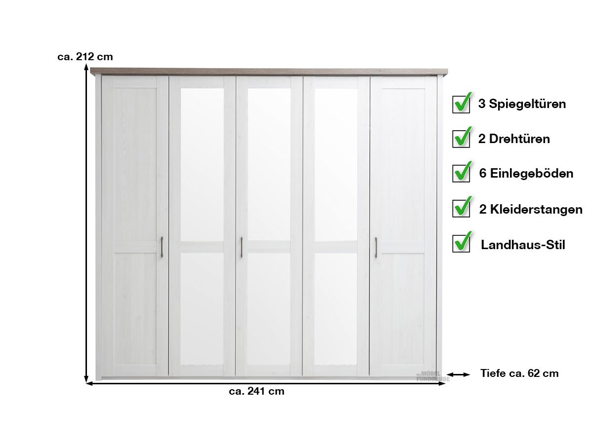 Kleiderschrank mit Spiegel - Pinie weiß - Trüffel -  241 cm Pinie - LUCA