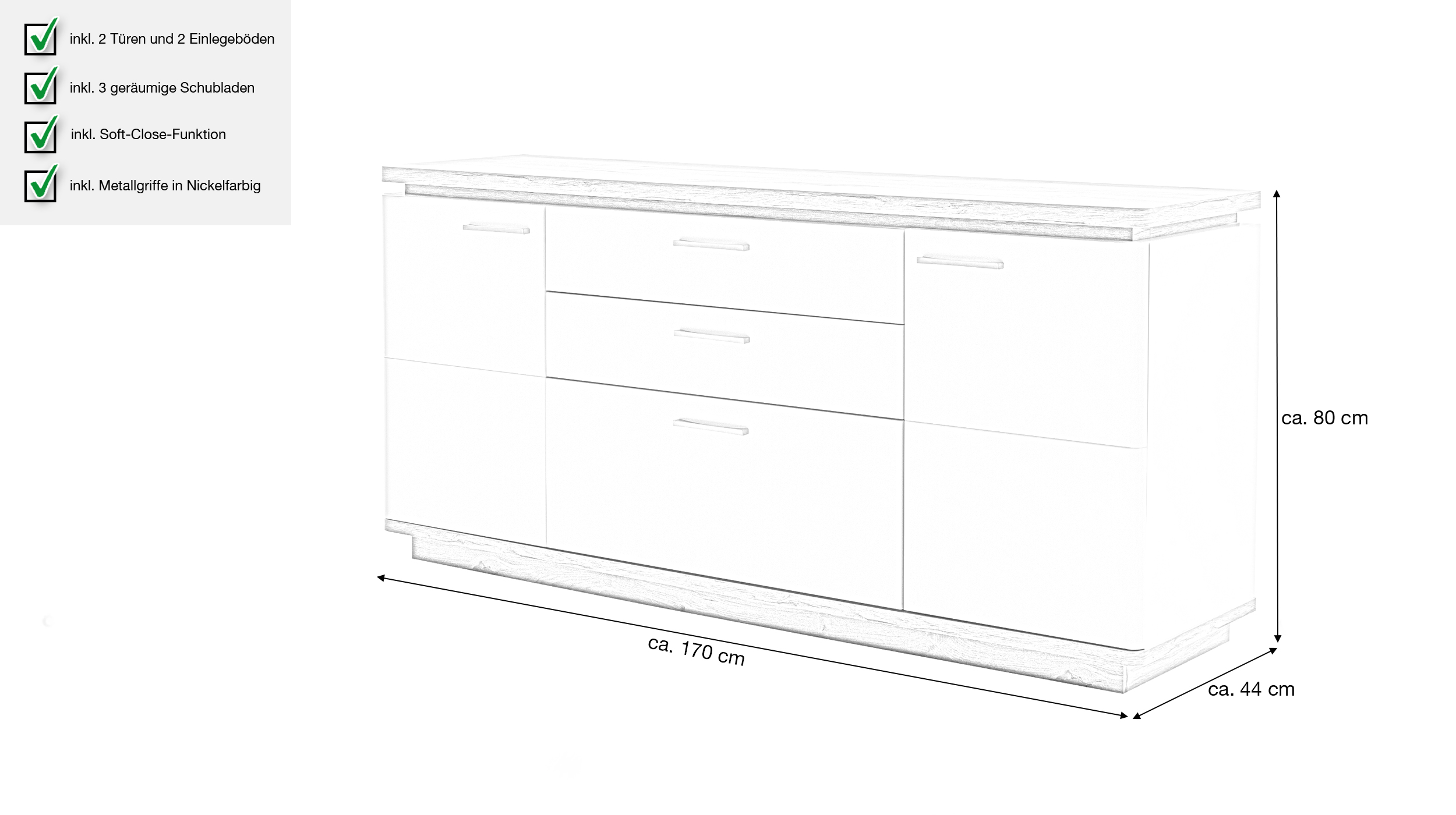 Sideboard mit Schubladen weiß - Viking Oak 170 cm - PALERMO