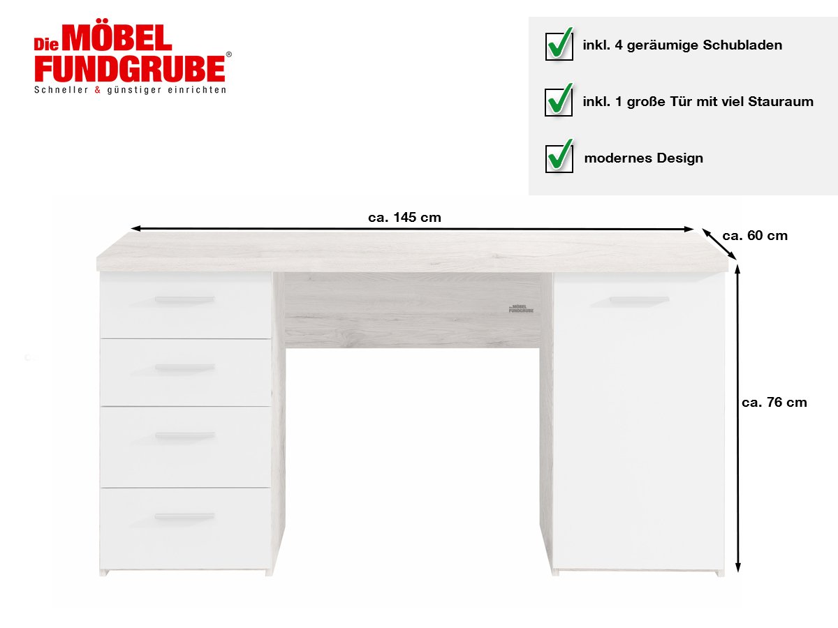 Computerschreibtisch Sandeiche/weiß 145 cm - NET
