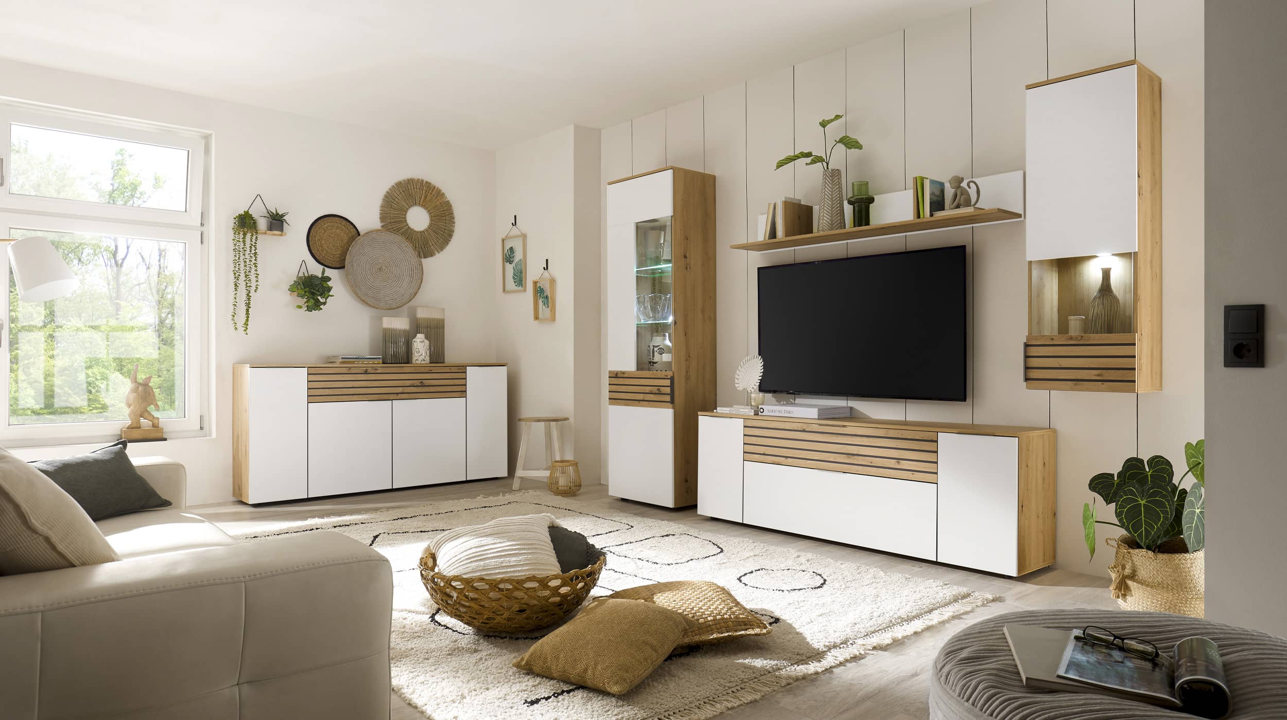 Wohnwand weiß - Eiche 265 cm LED-Beleuchtung - VAASA