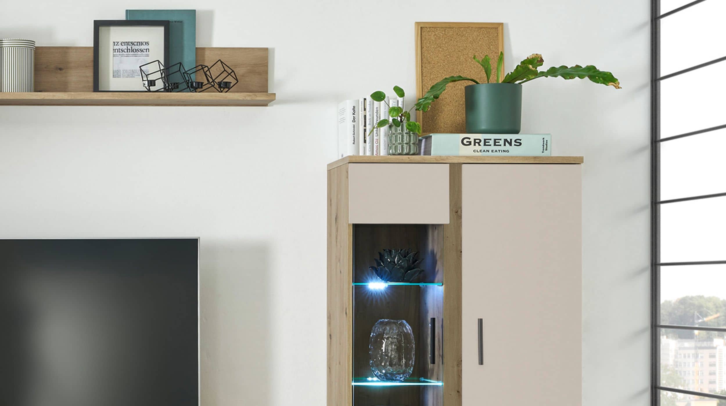 Wohnwand beige - Artisan Eiche 340 cm LED-Beleuchtung - KANADA