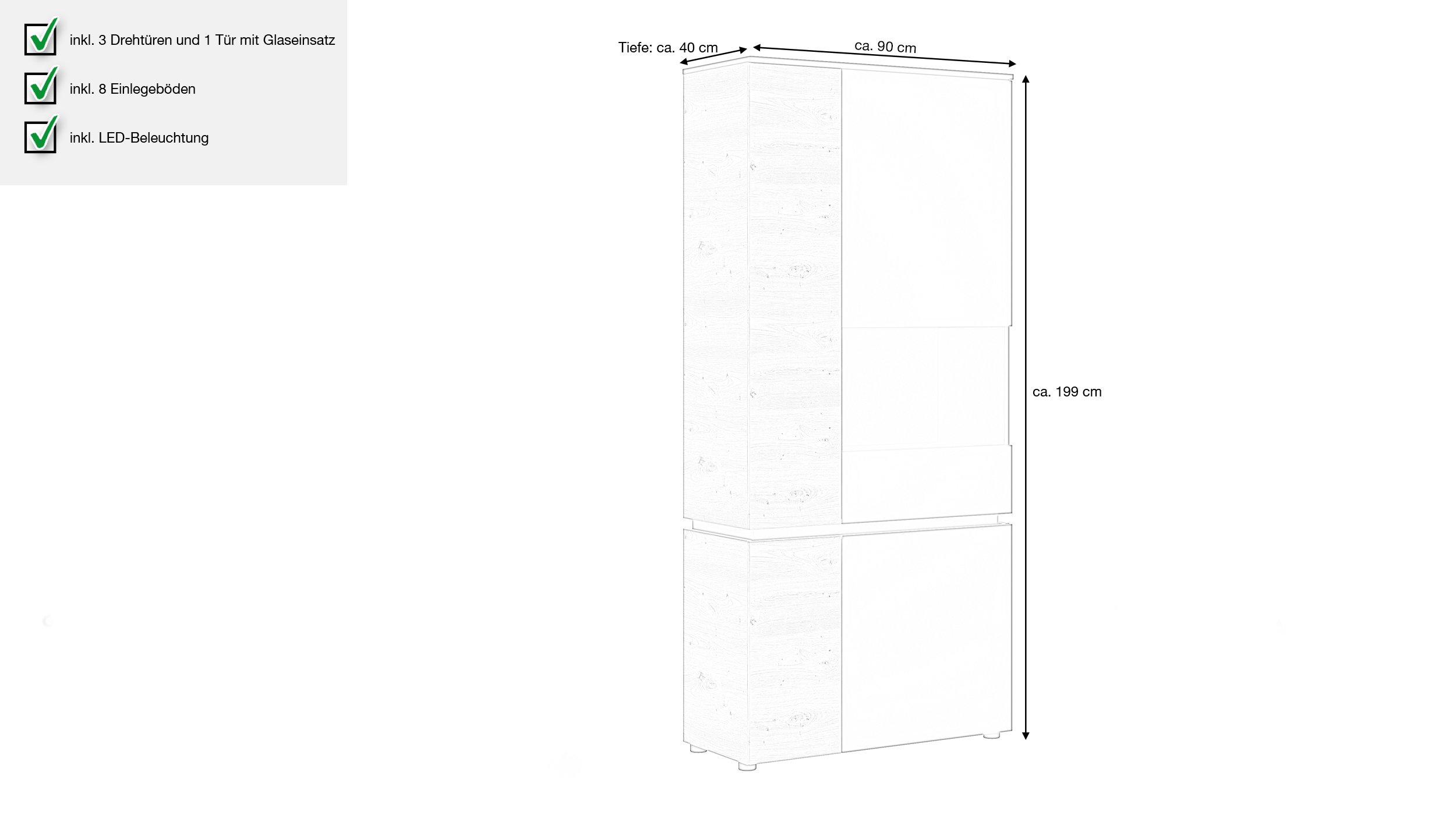 Vitrine Artisan Eiche - grau 199 cm mit Beleuchtung - LUCI