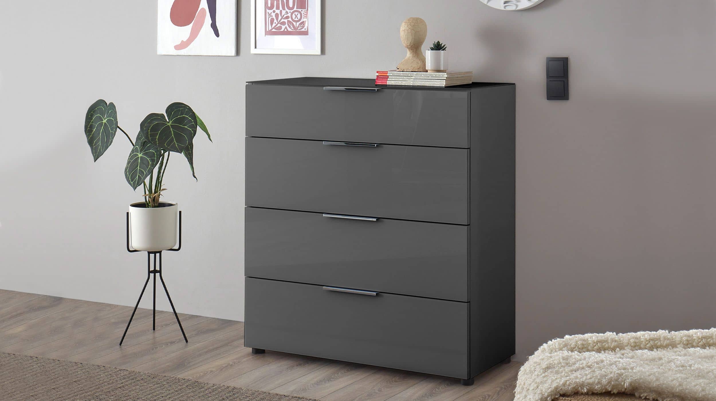 Kommode 4 Schubladen - anthrazit - Glasfront - 90 cm - SANTORIN