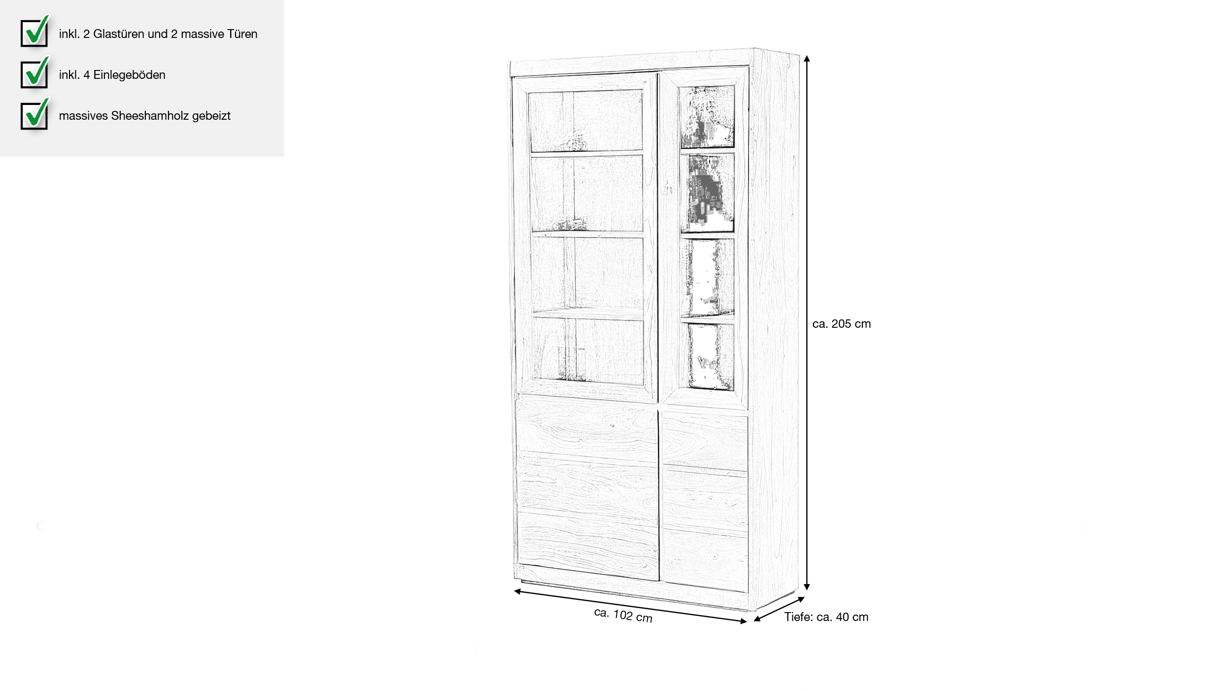 Vitrine mit 2 Glastüren Sheesham massiv gebeizt 205 cm - SENSO