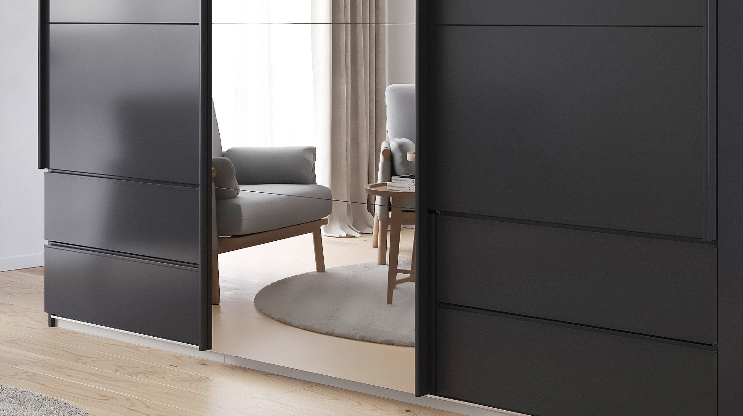 Schwebetürenschrank grau mit Spiegel 271 cm 3-türig - ELARA