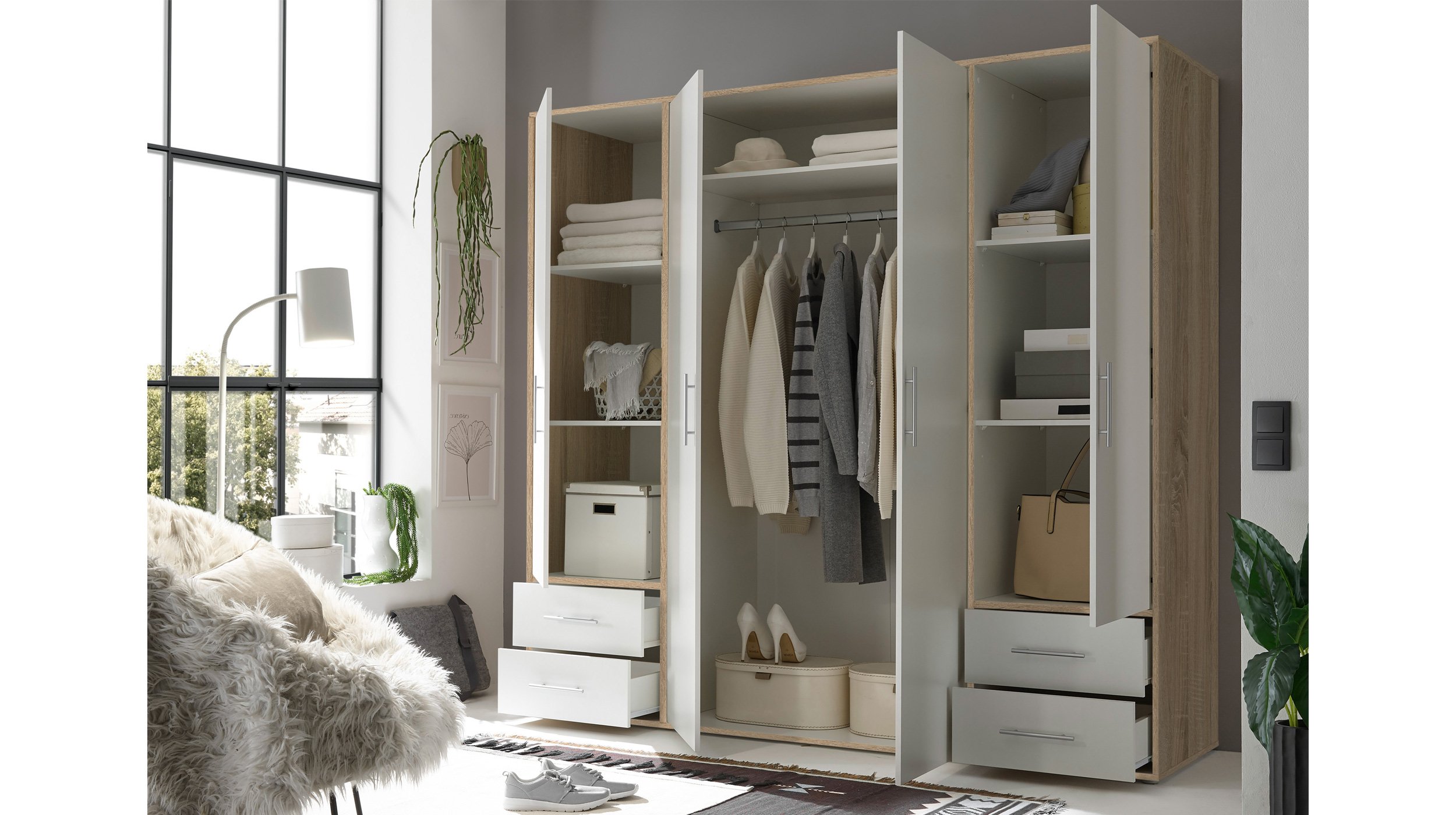 Kleiderschrank weiß - Sonoma Eiche - 206 cm - VALBORG