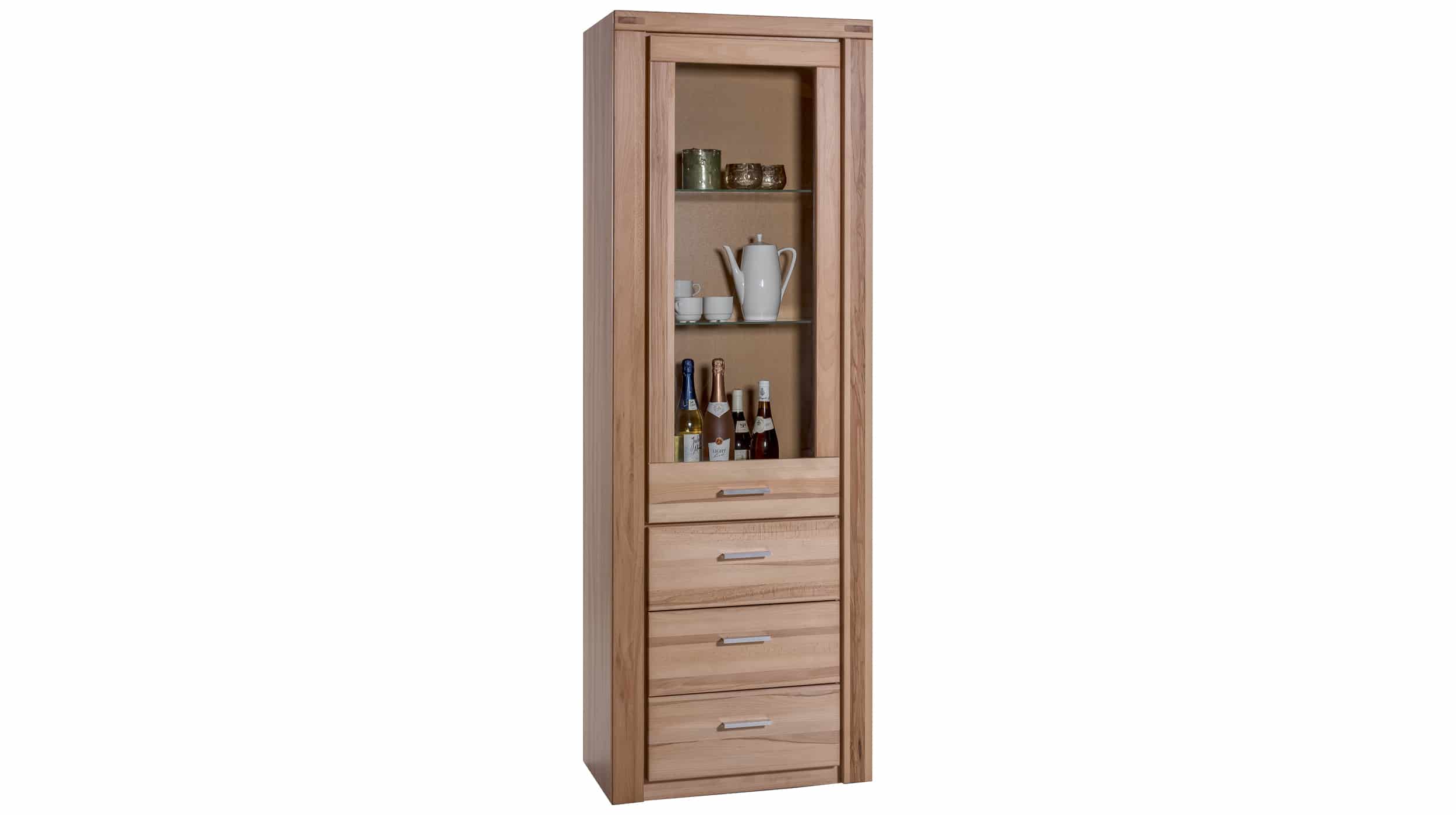 Vitrine mit Glastür Kernbuche teilmassiv geölt Breite 68 cm - FREYJA Vitrine Kernbuche teilmassiv geölt 200 cm-Schubladen - FREYJA