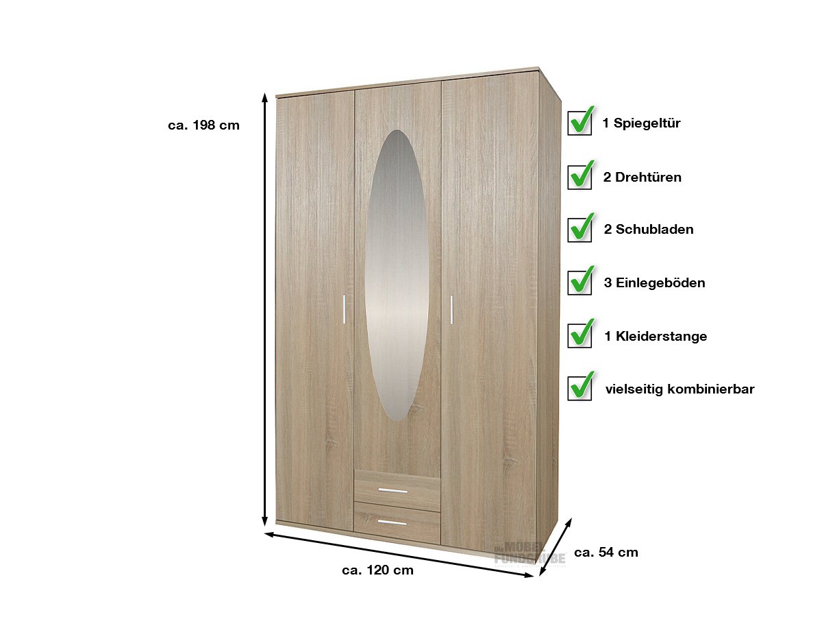 Kleiderschrank Sonoma Eiche 120 cm 3-türig - POWER