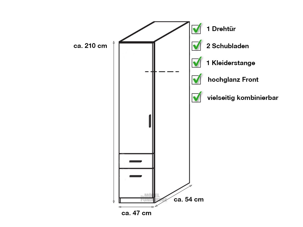 Kleiderschrank weiß hochglanz 47 cm - CELLE