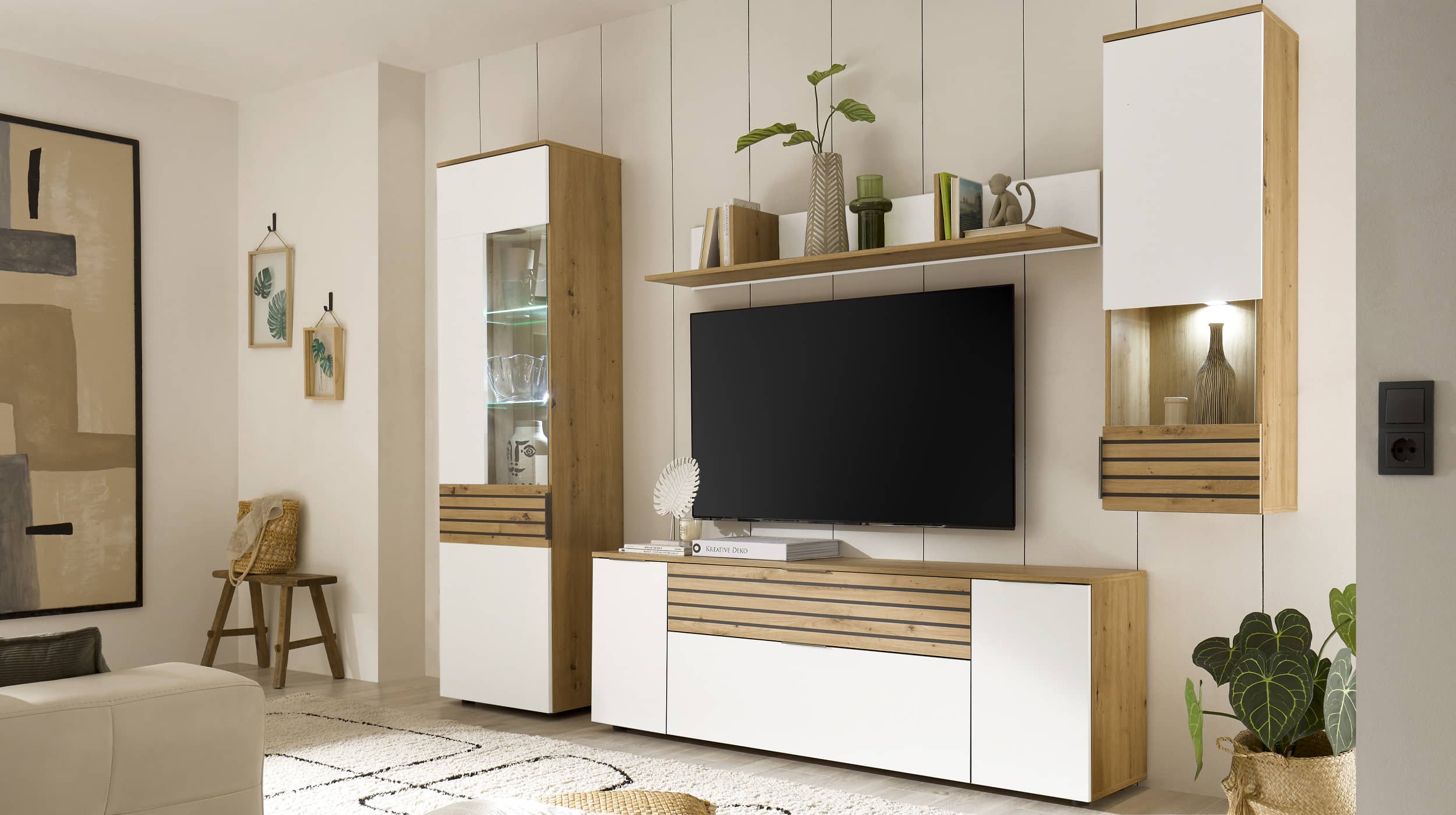 Wohnwand weiß - Eiche 265 cm LED-Beleuchtung - VAASA