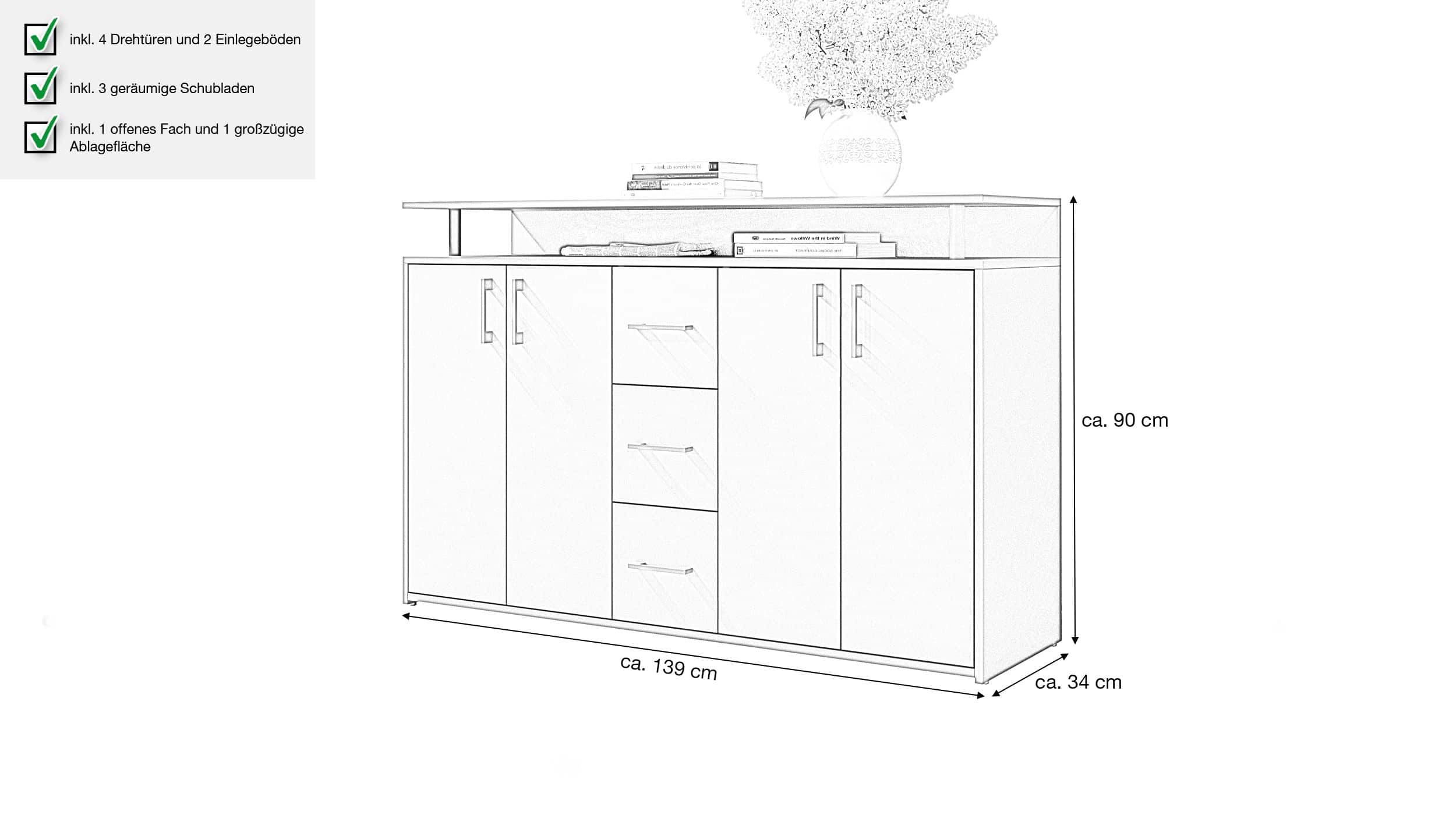 Highboard 4 Türen 3 Schubladen Anthrazit 139 cm - DRIFT
