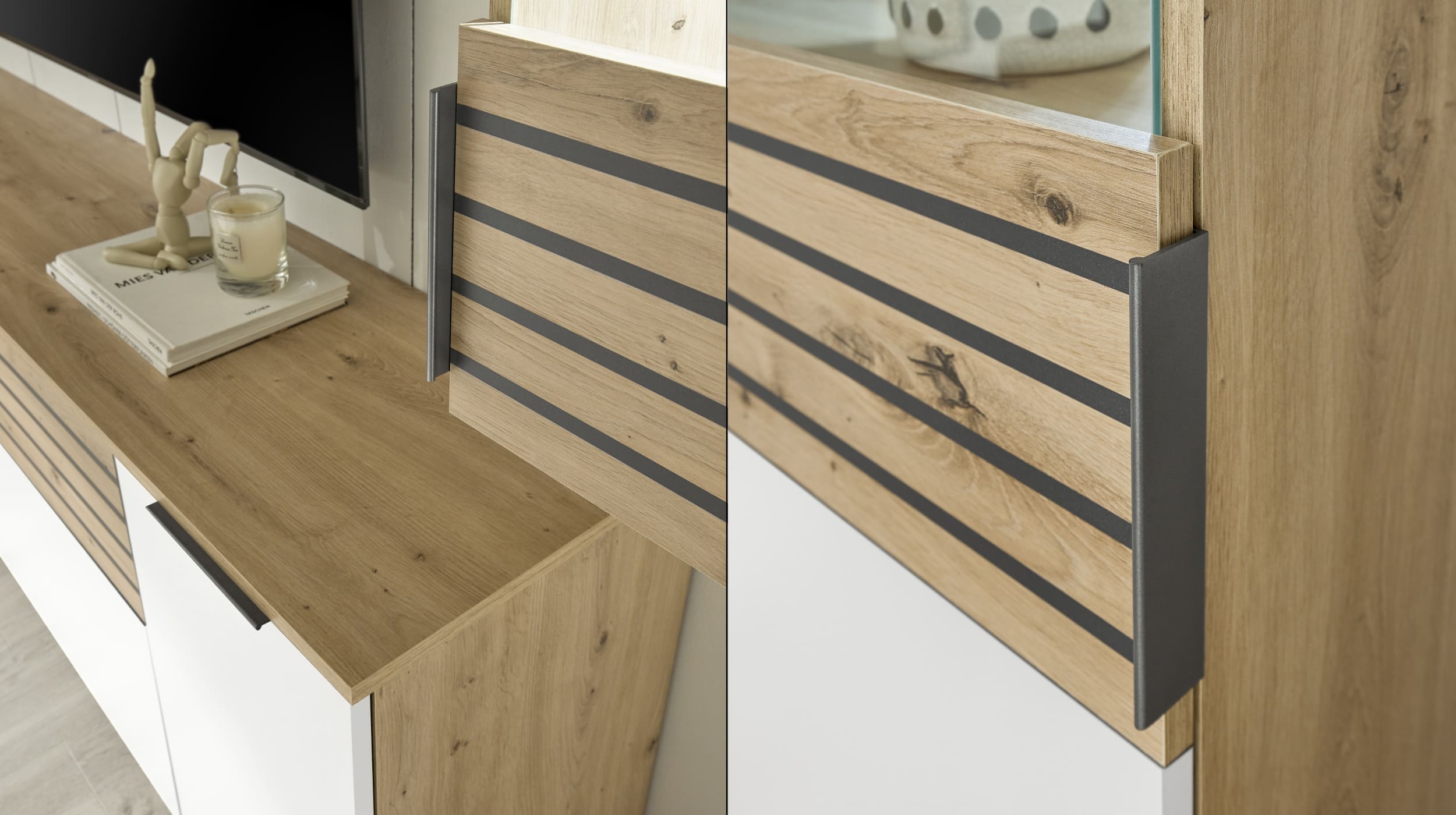 Wohnwand weiß - Eiche 265 cm LED-Beleuchtung - VAASA