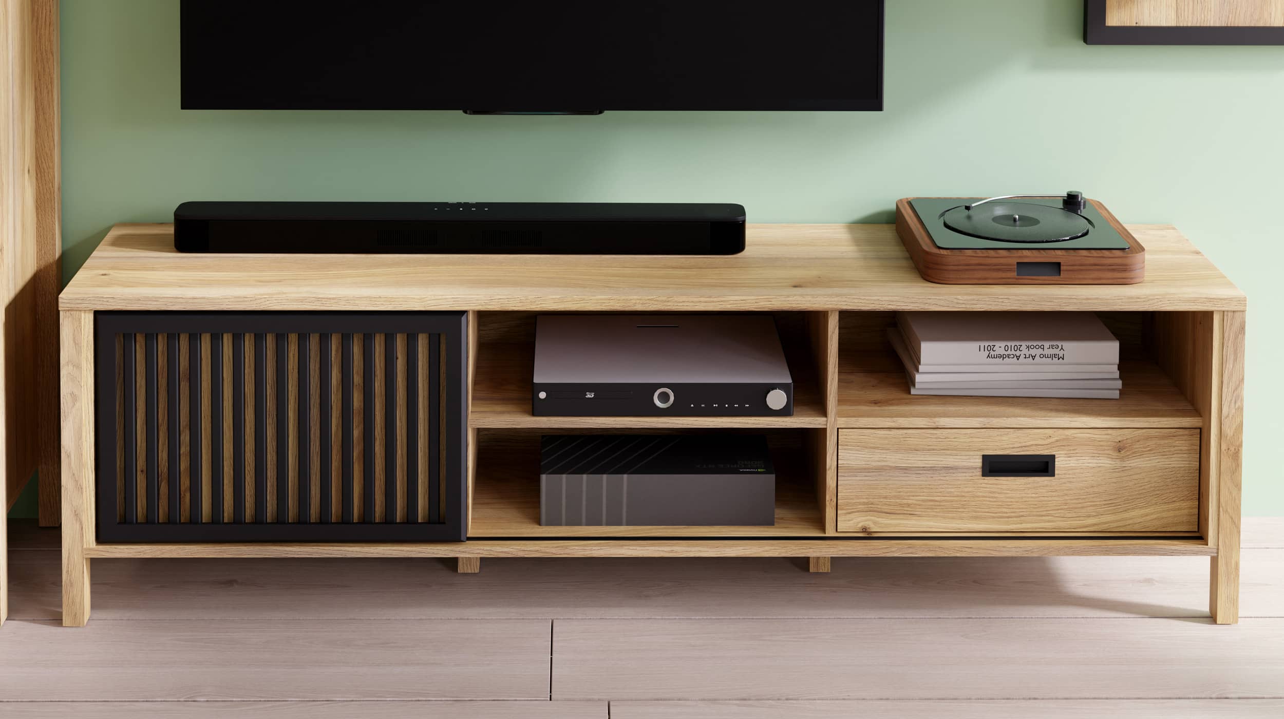 TV-Lowboard Mauvella Oak Eiche - schwarz 175 cm - JYTANA 