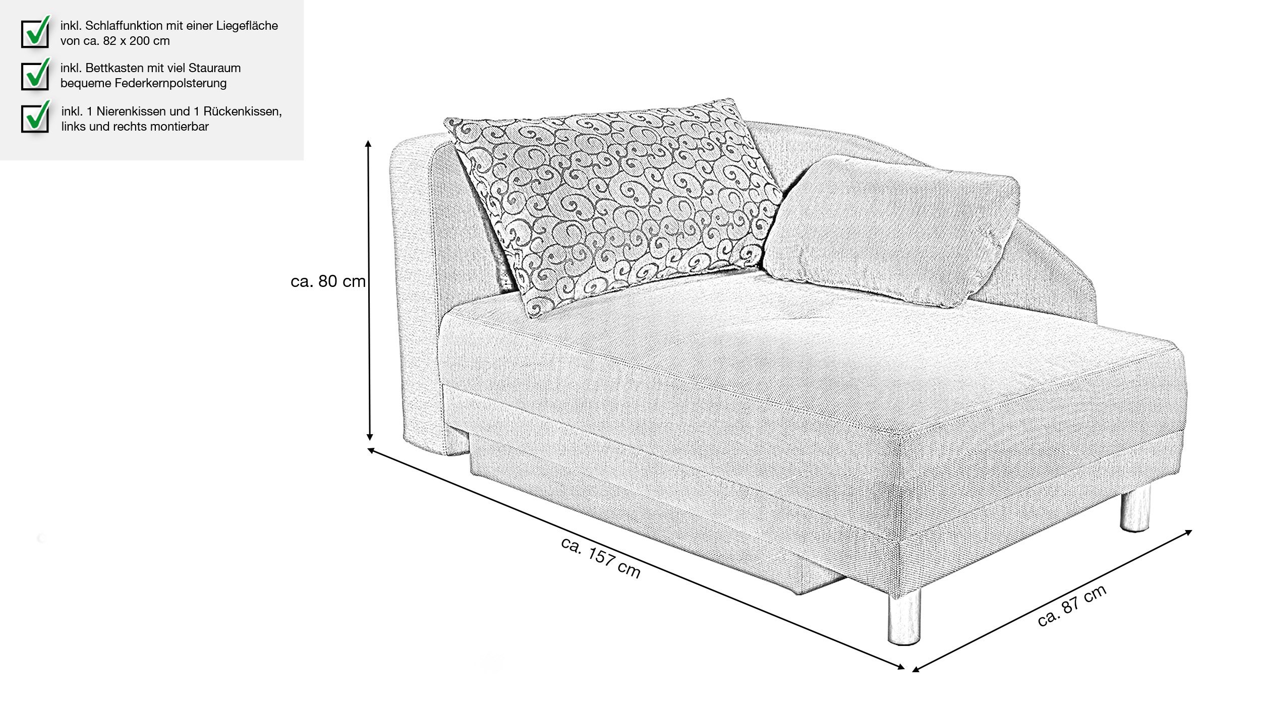 Einzelsofa 157 cm Recamiere grau Schlaffunktion - REUBEN