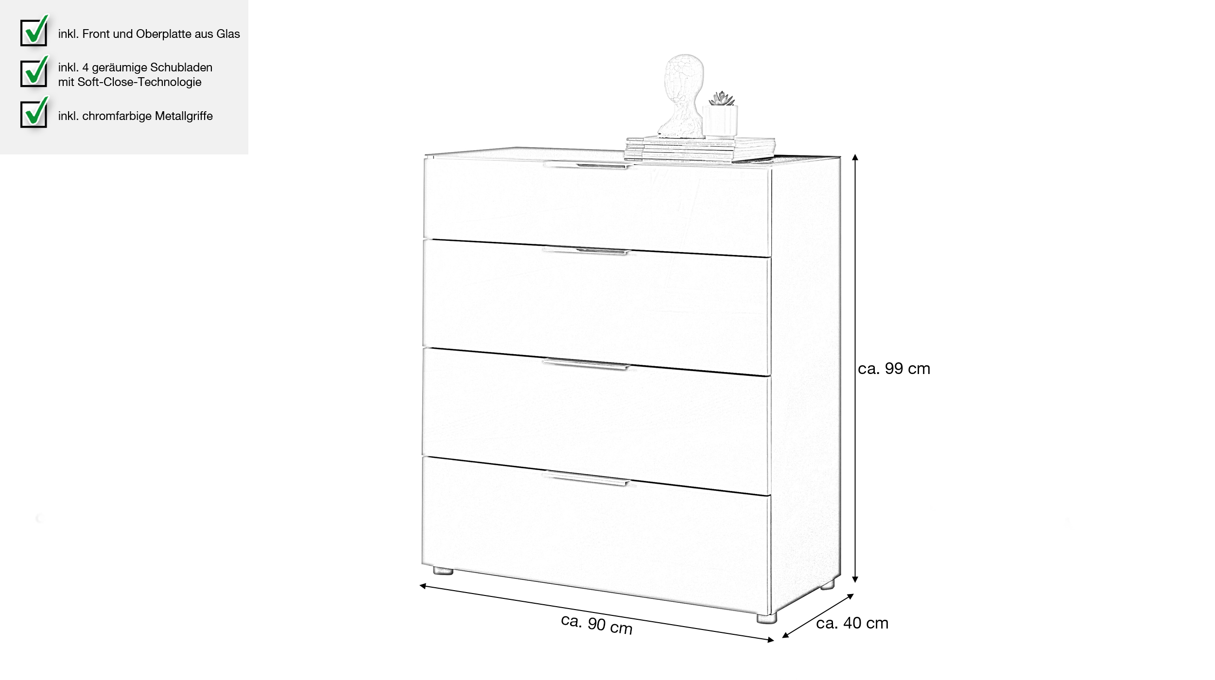 Kommode 4 Schubladen - weiß - Glasfront - 90 cm - SANTORIN