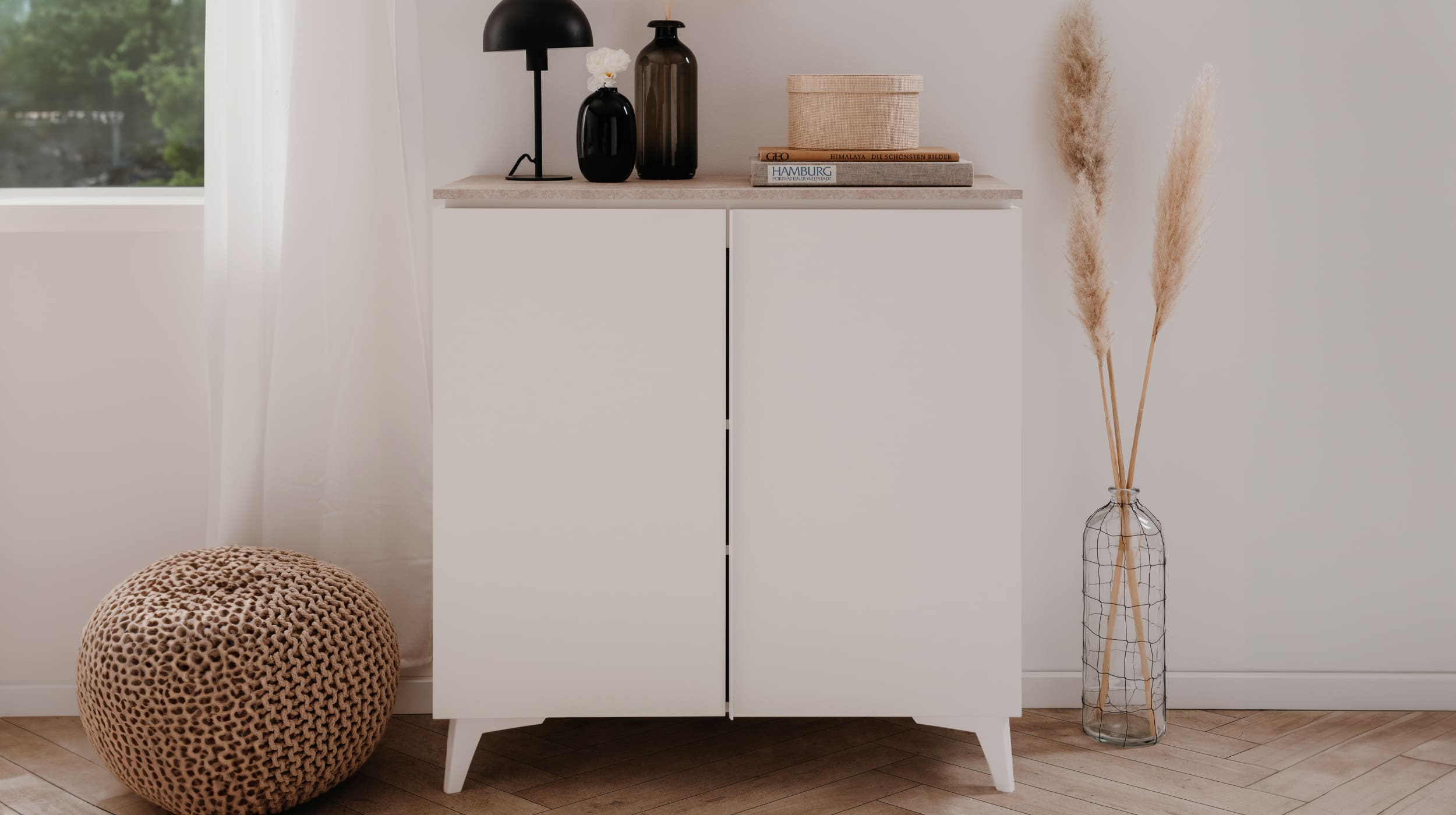 Kommode mit 2 Türen weiß - Sandstein 88 x 92 cm - BERTRIX
