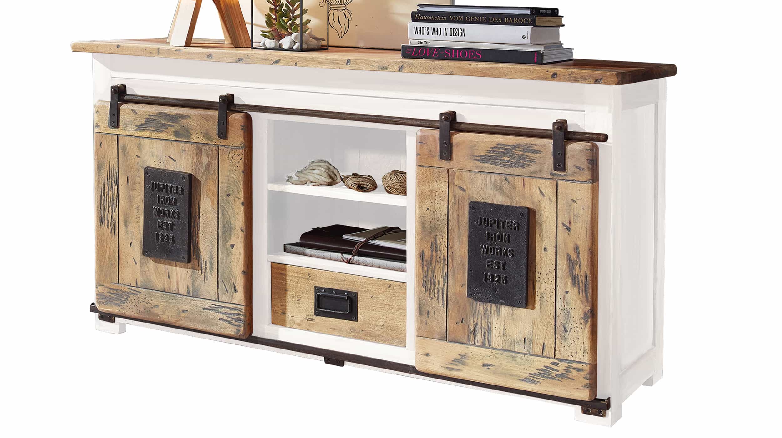 Sideboard 2 Rolltüren Massivholz Mango weiß 128 cm - EMANUEL Sideboard 1 Schublade Mango massiv 128 cm - EMANUEL