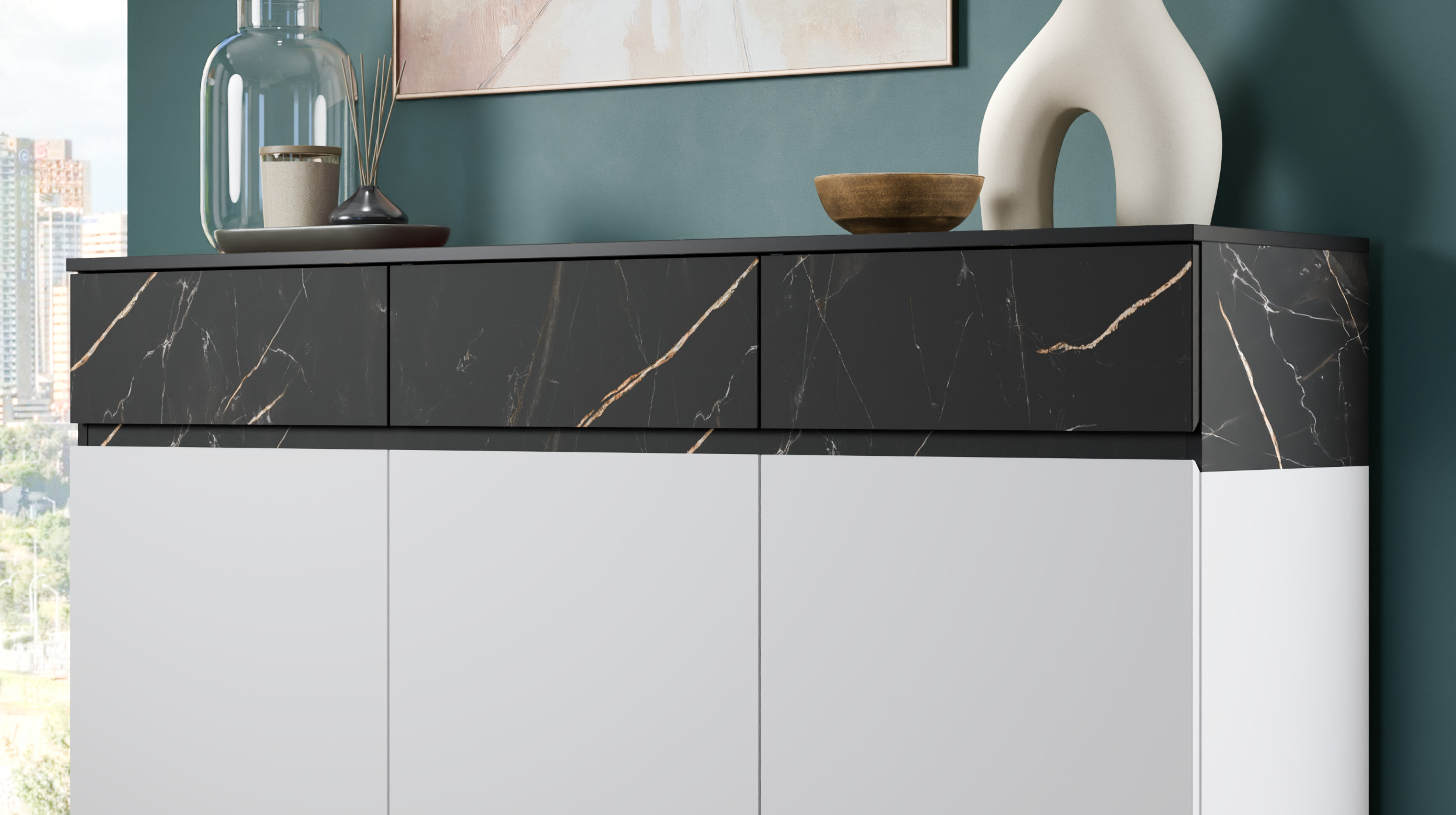 Sideboard mit 3 Schubladen alpinweiß - Marmoroptik 150 cm - MODATO