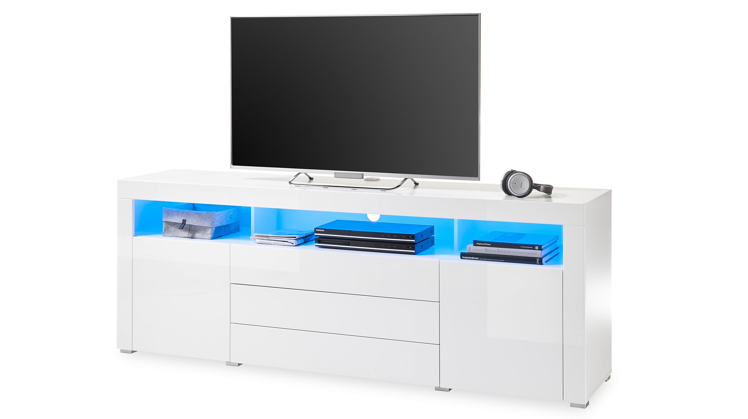 TV - Lowboard weiß hochglanz 200 cm mit Beleuchtung - GOAL TV - Lowboard weiß hochglanz 200 cm mit Beleuchtung - GOAL