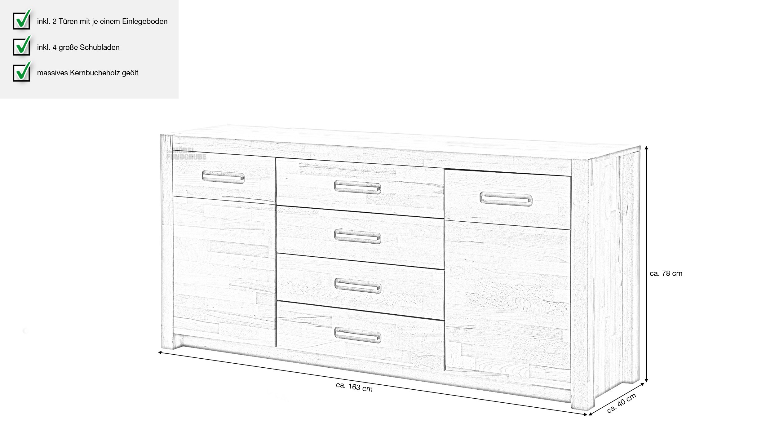 Sideboard mit 4 Schubladen Kernbuche massiv geölt 163 cm - FENJA