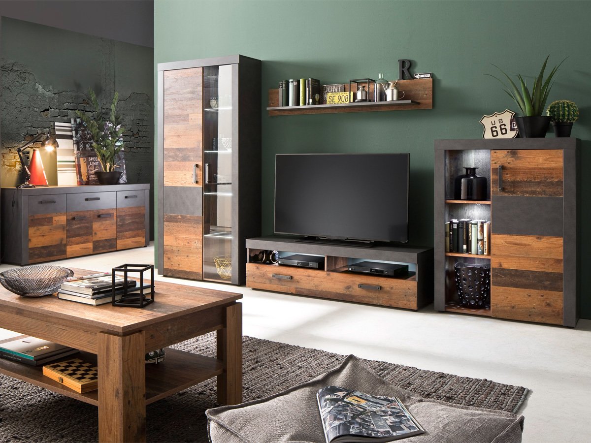 Wohnwand Old Wood - graphit 343 cm - Beleuchtung - INDY