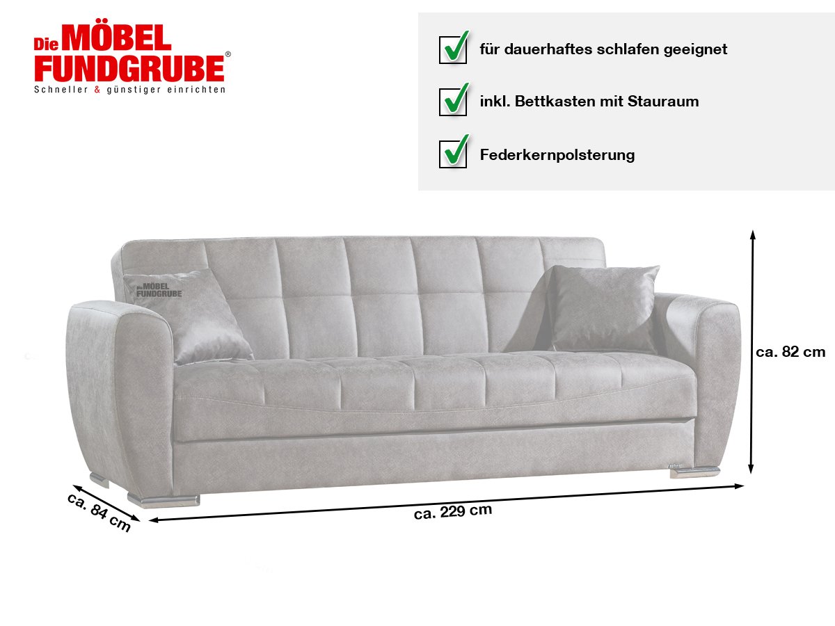 Schlafsofa grau mit Bettkasten -  229 cm - OSMA