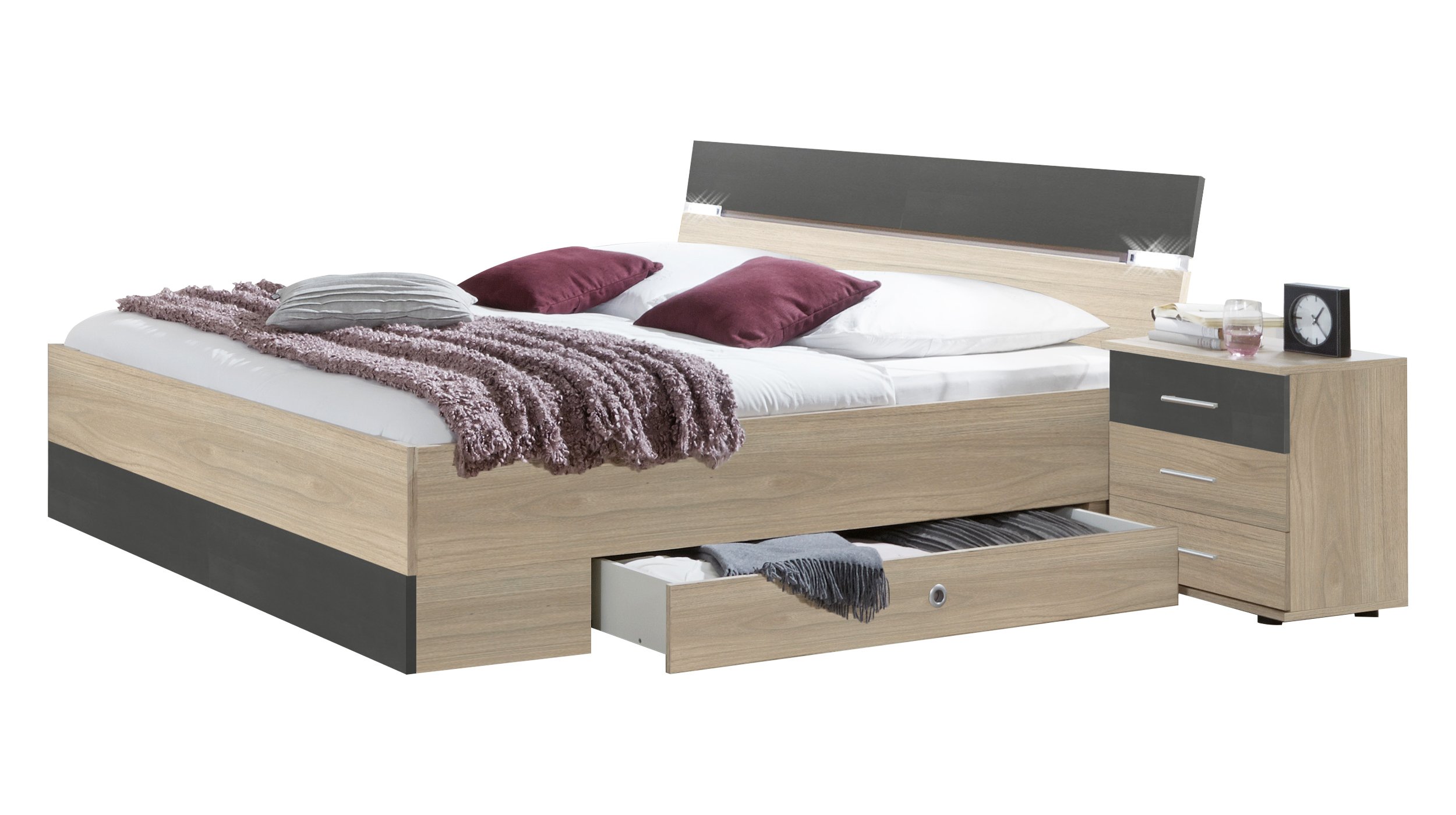 Bettanlage 180 x 200 cm Hickory Oak - Nachttische - XANTEN Bettanlage 180 x 200 cm Hickory Oak - Nachttische - XANTEN