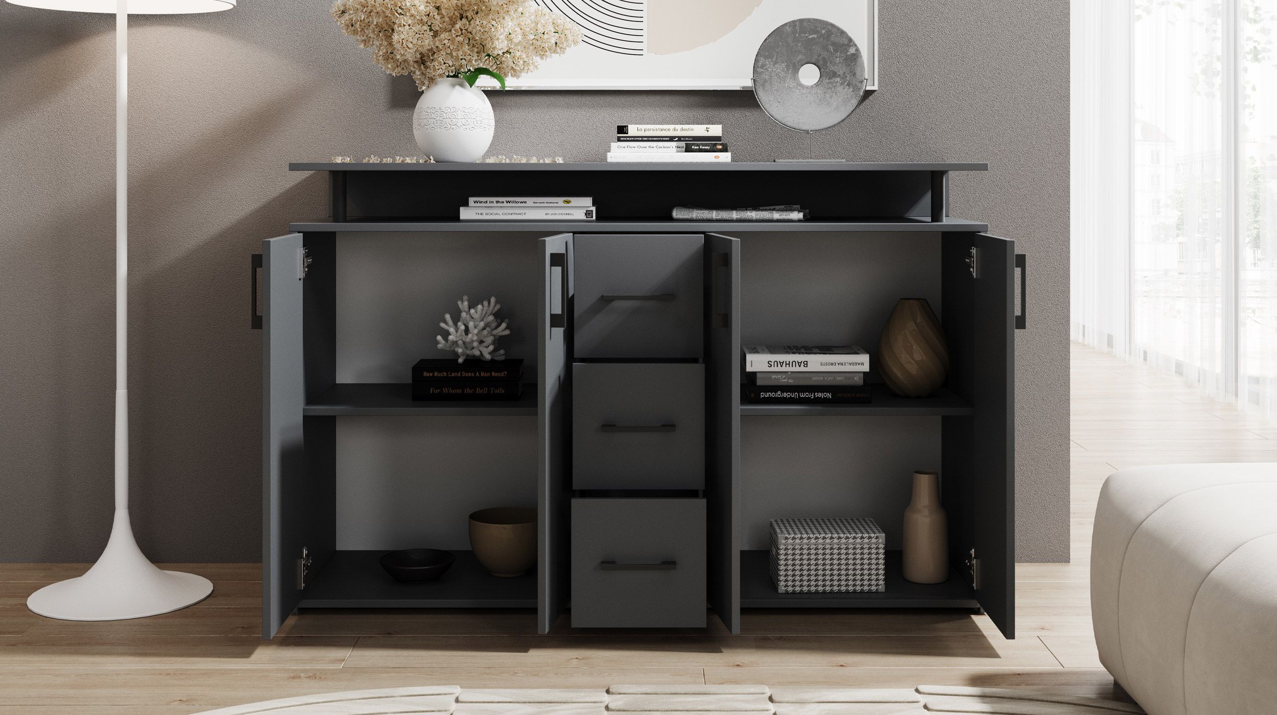 Highboard 4 Türen 3 Schubladen Anthrazit 139 cm - DRIFT