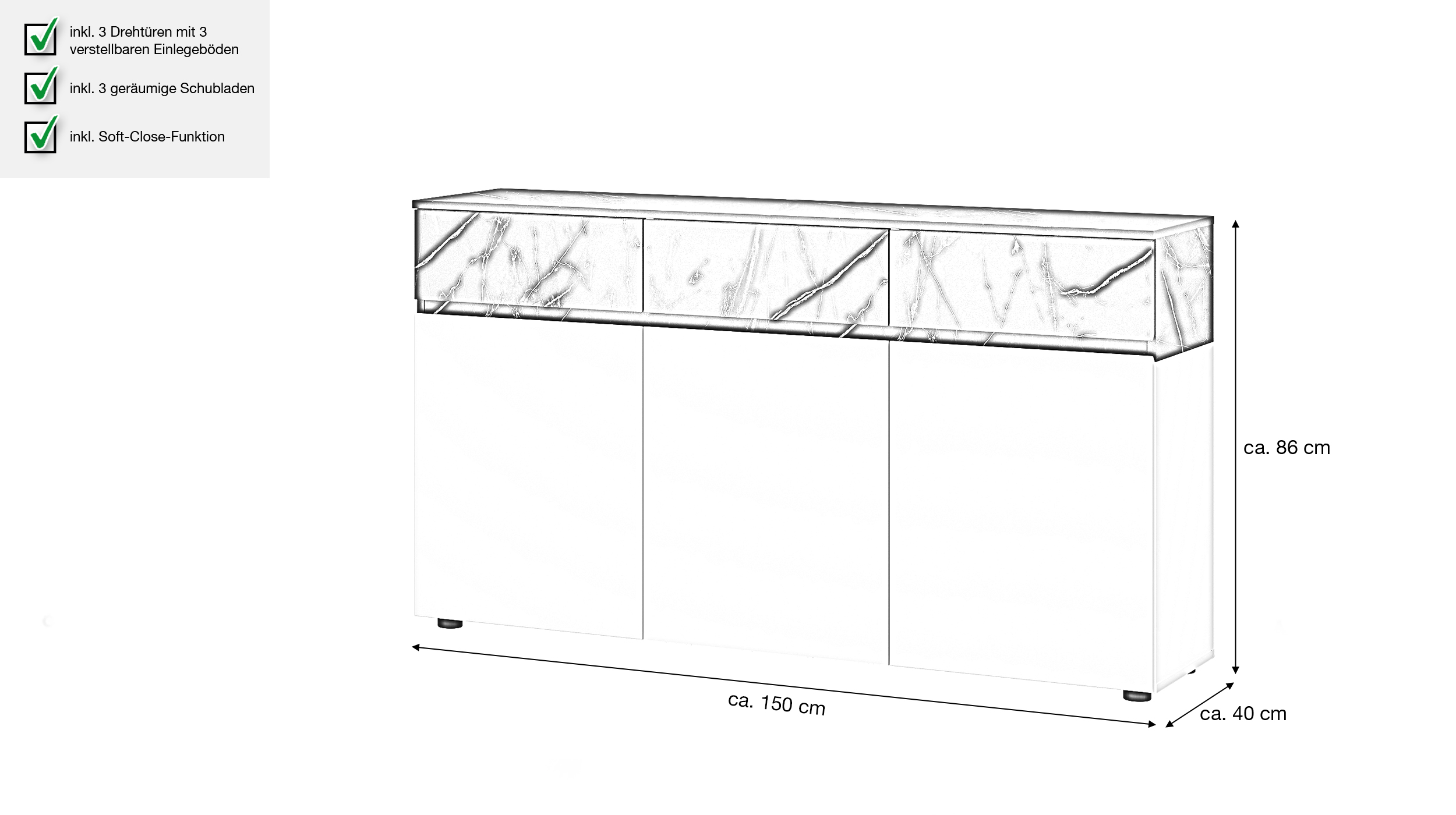 Sideboard mit 3 Schubladen alpinweiß - Marmoroptik 150 cm - MODATO