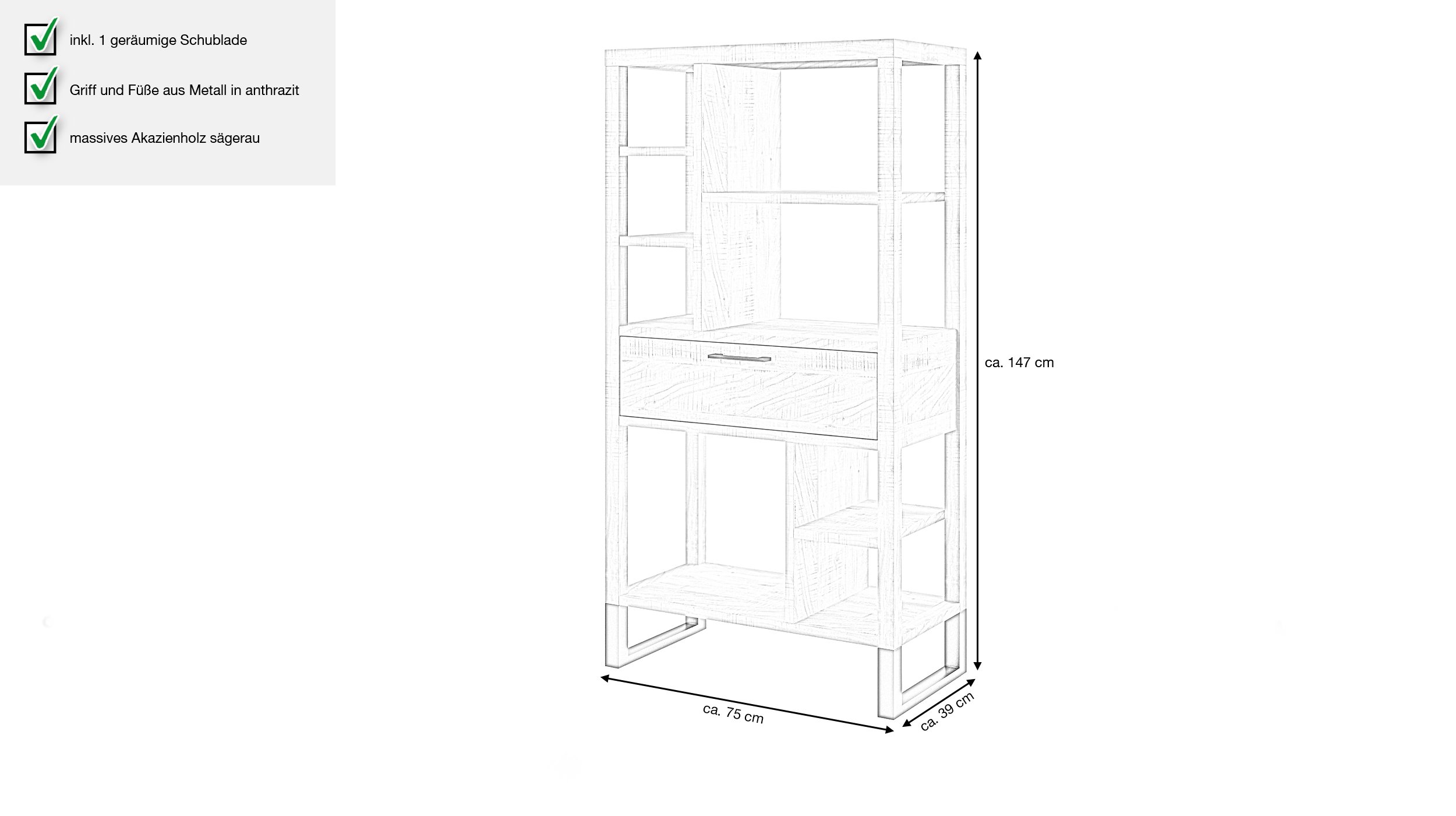 Standregal Akazie massiv 147 x 75 cm - 8 Fächer - BENIKO