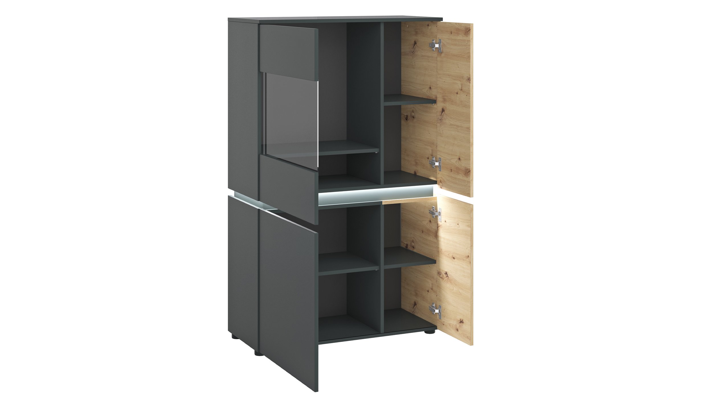 Vitrine Artisan Eiche - grau 146 cm mit Beleuchtung - LUCI