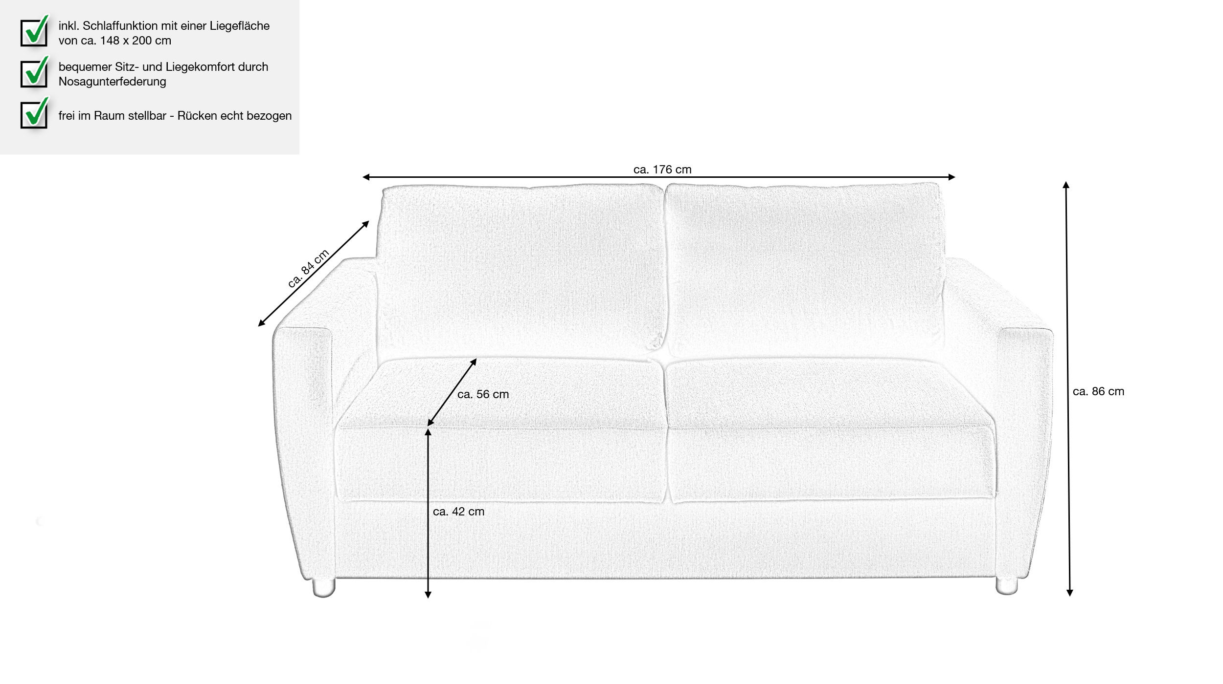 Schlafsofa grau Federkern 176 x 74 cm - MÜRITZ