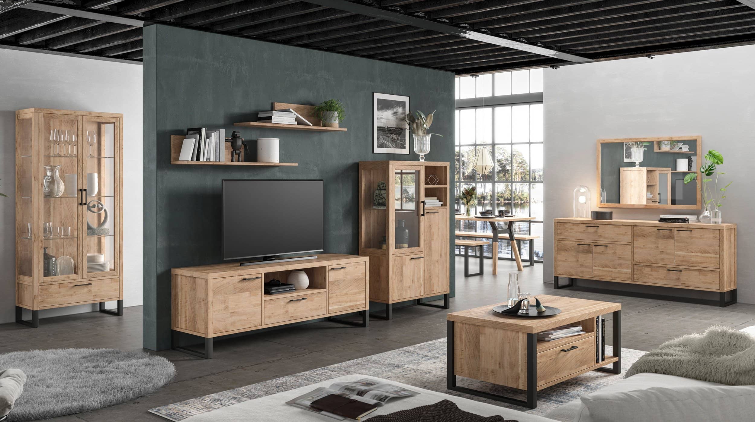 Highboard 1 Glastür Akazie massiv 88 cm - BENIKO