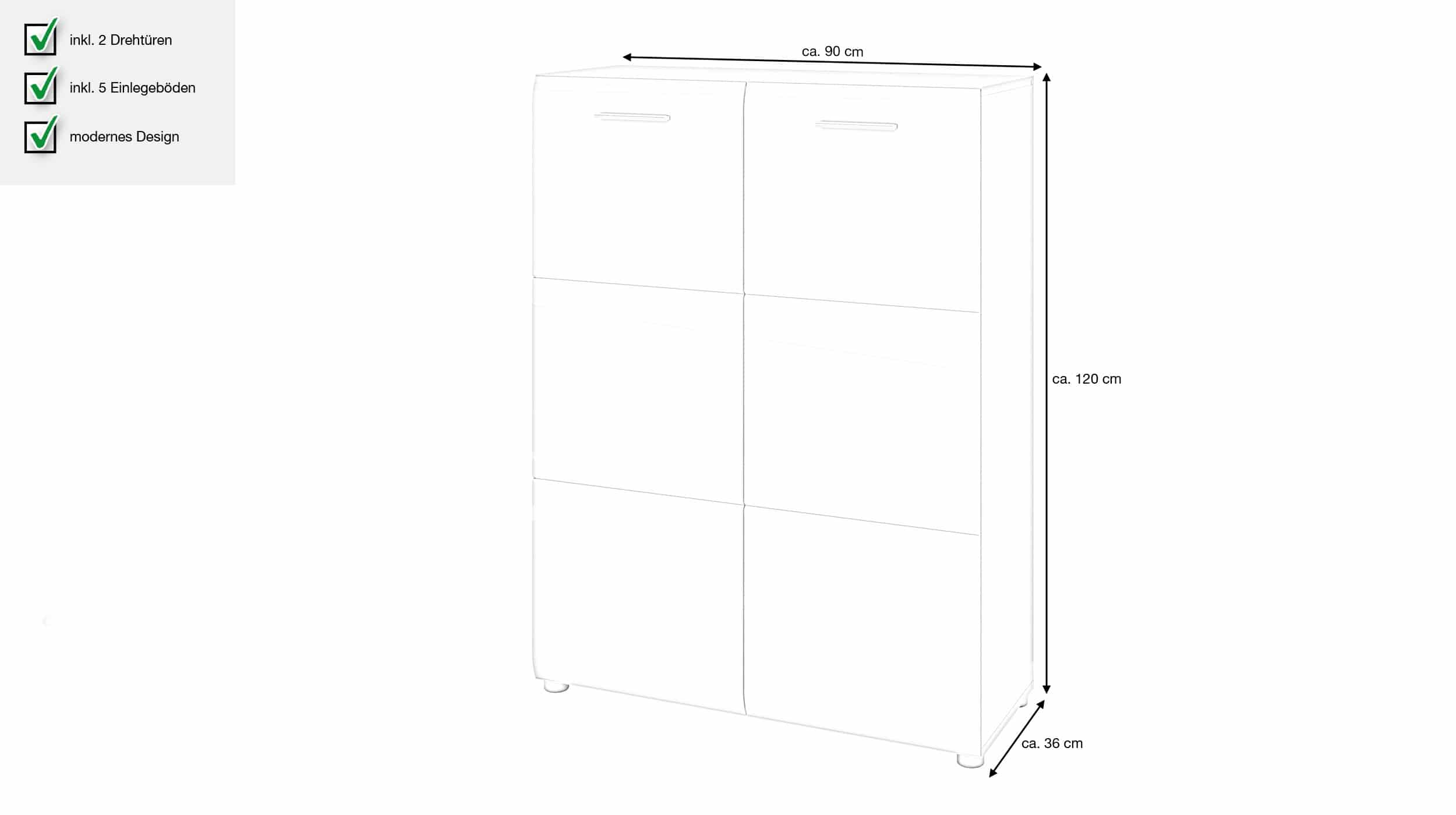 Schuhschrank weiß hochglanz 90 cm x 120 cm - MERANO