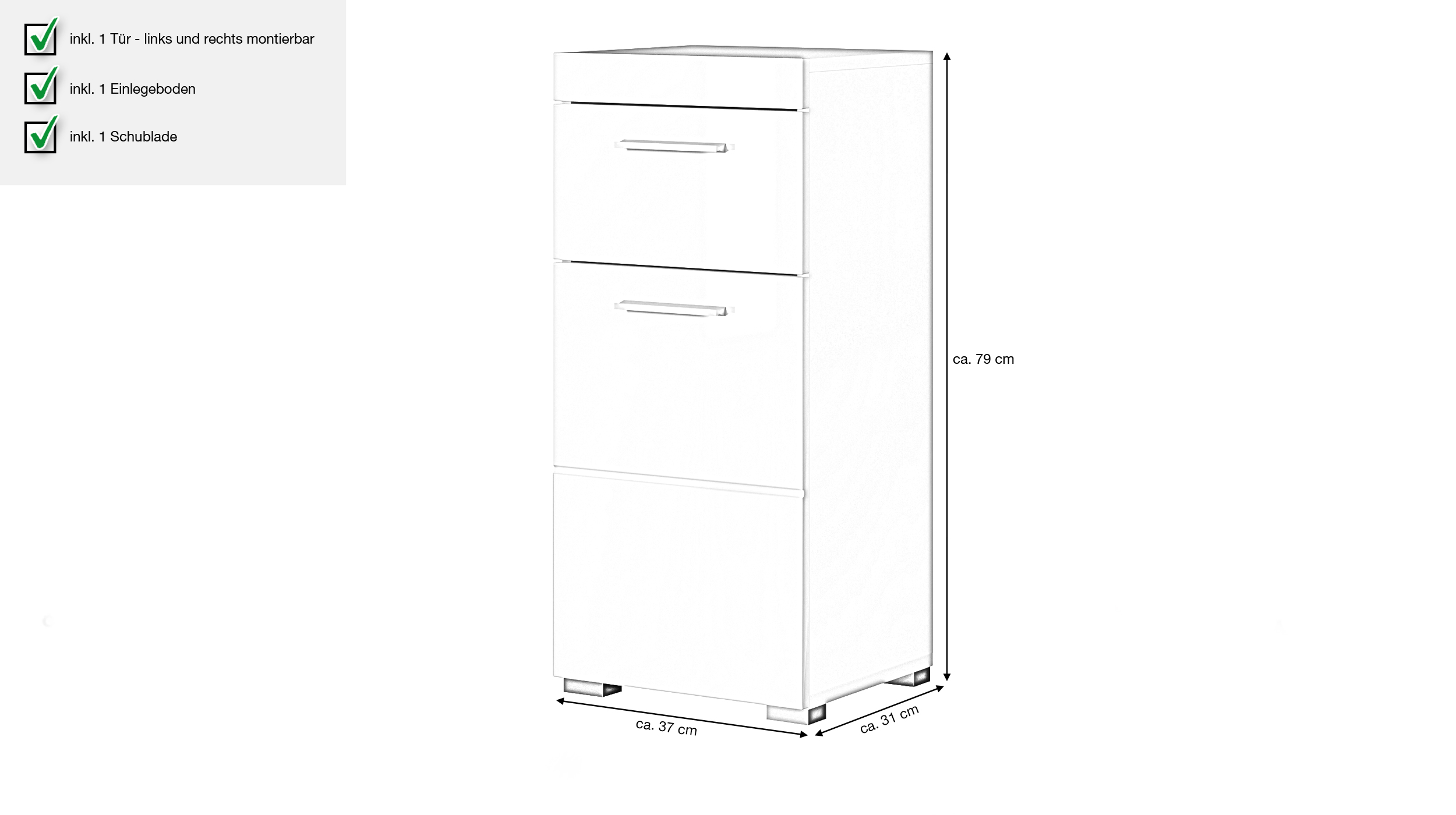 Bad Unterschrank weiß hochglanz 37 cm 1 Tür 1 Schublade - AMANDA