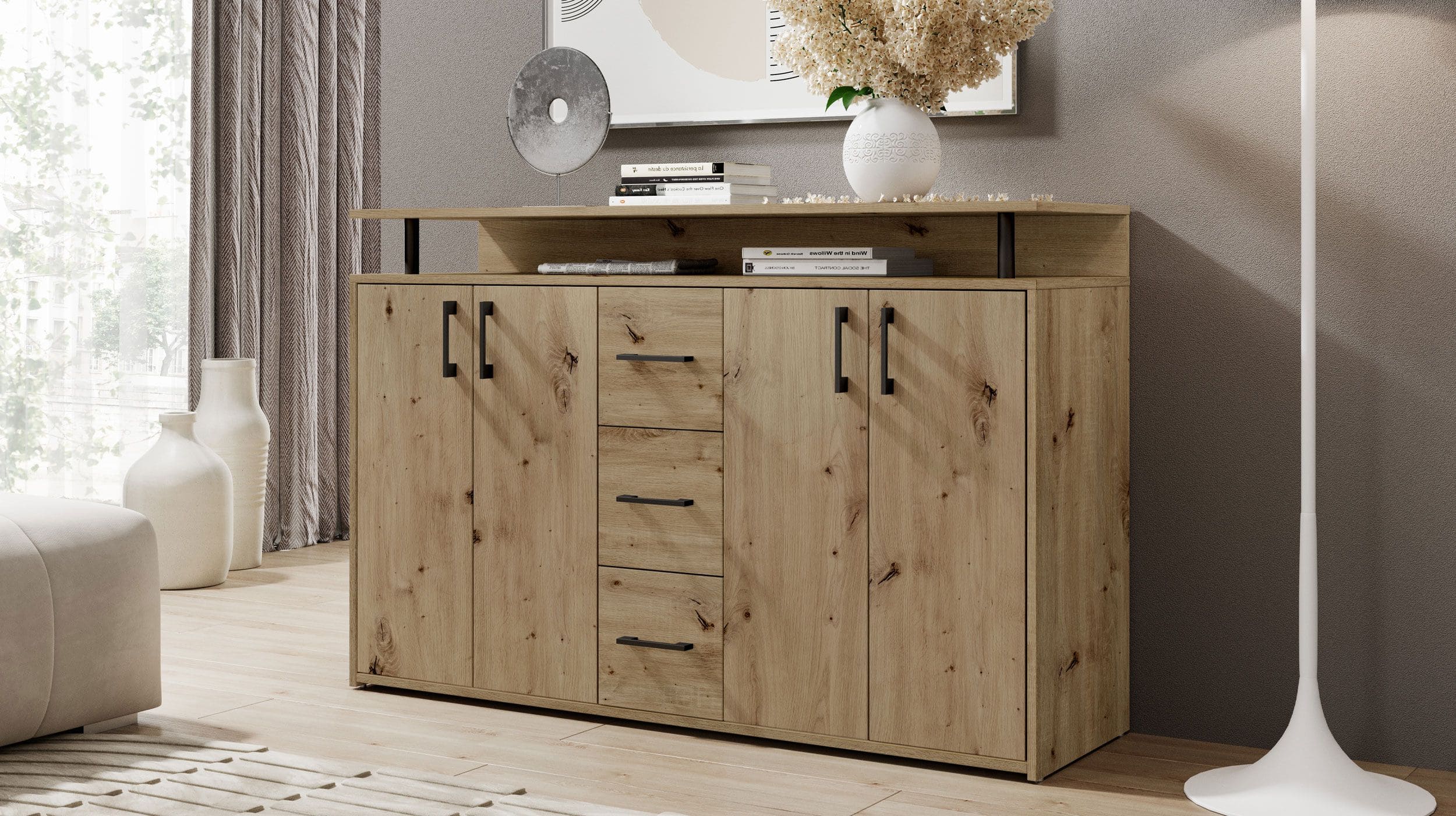 Highboard 4 Türen 3 Schubladen Artisan Eiche 139 cm - DRIFT