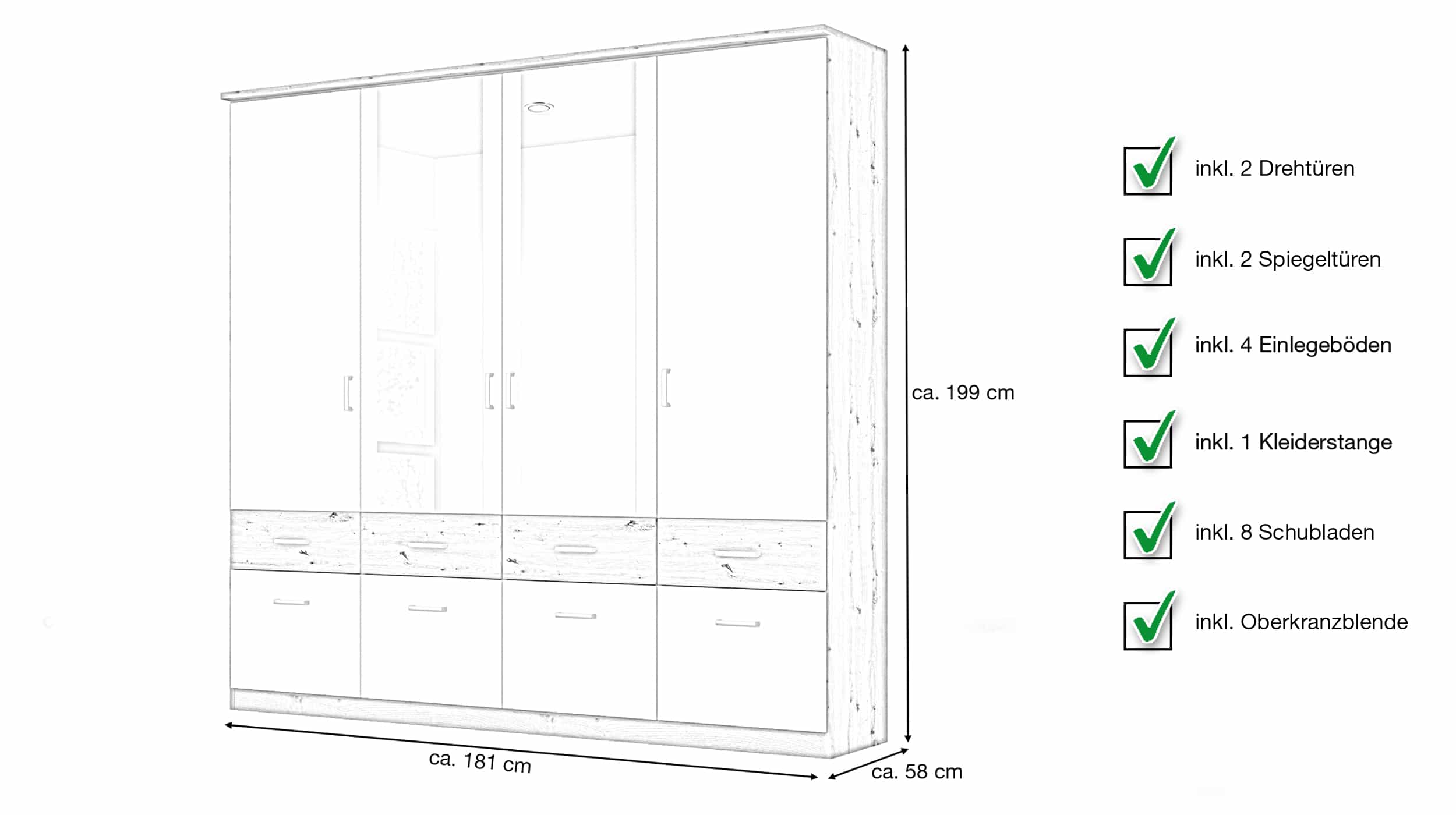 Kleiderschrank mit Spiegel 181 cm weiß - BREMEN-EXTRA