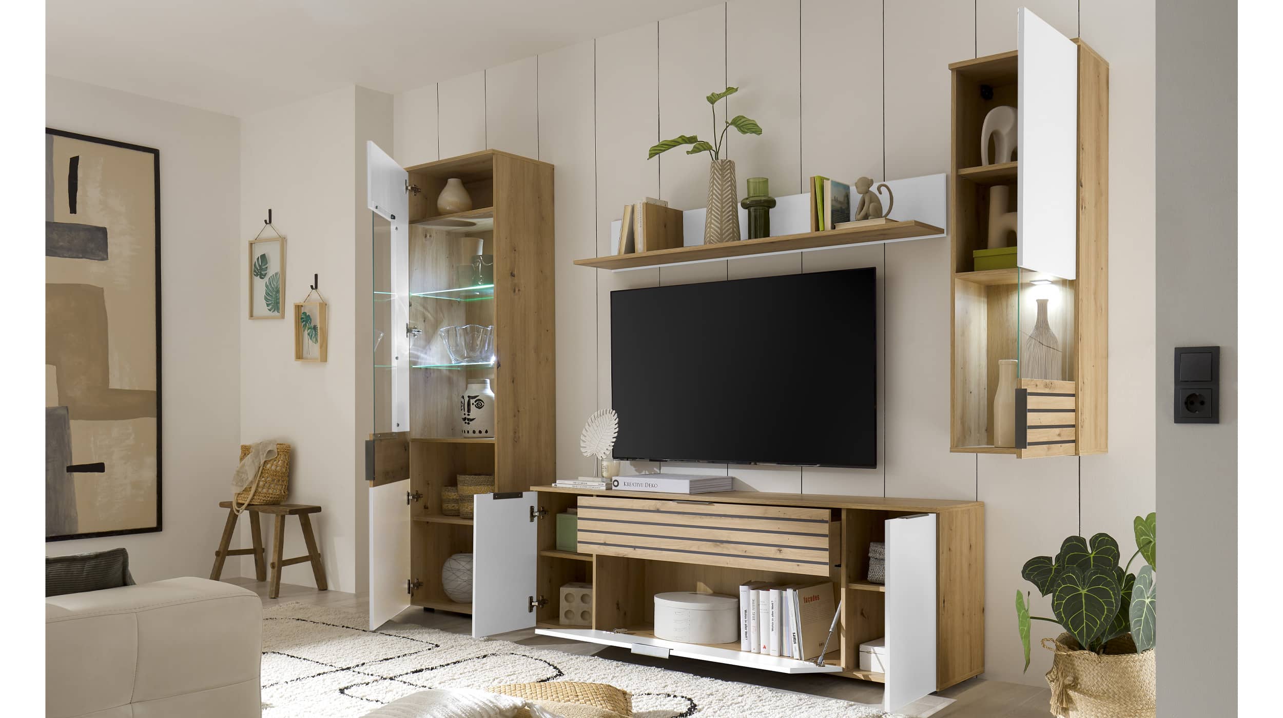 Wohnwand weiß - Eiche 265 cm LED-Beleuchtung - VAASA