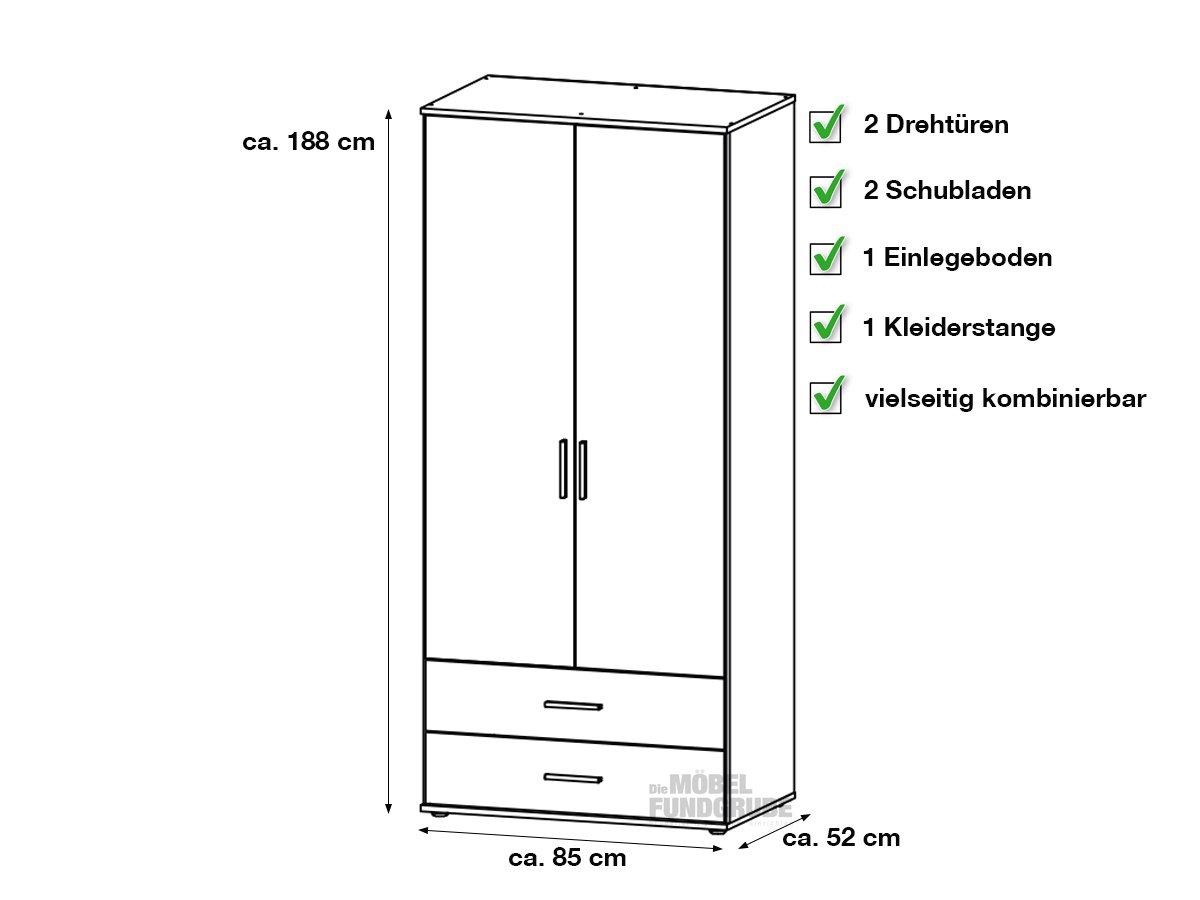 Kleiderschrank Sonoma Eiche 85 cm 2-türig - RASANT