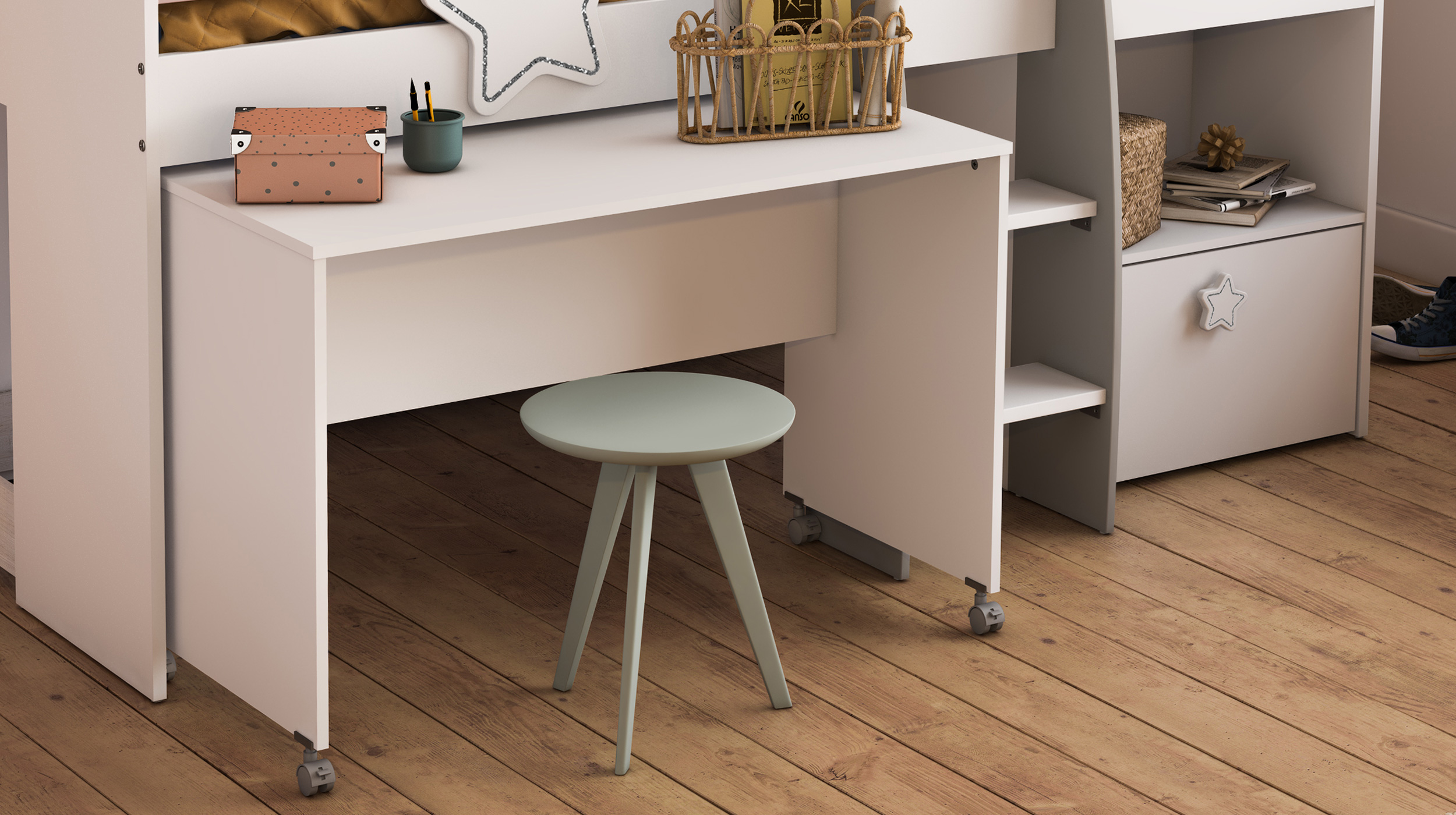 Hochbett 90 x 200 cm weiß - mit Schreibtisch - ETOILES