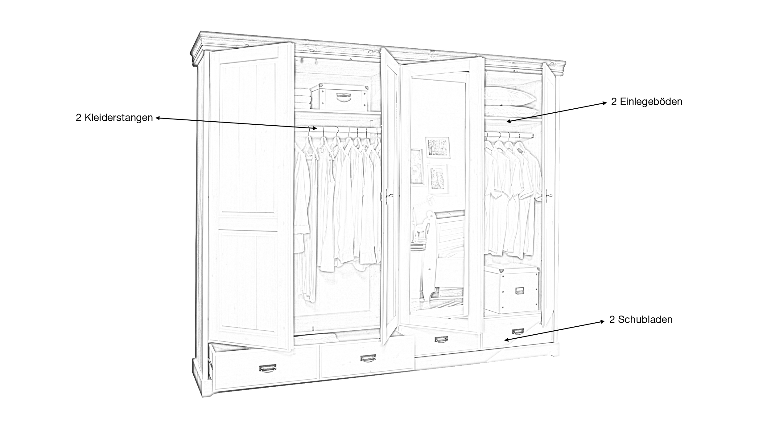 Kleiderschrank Kiefer massiv weiß gewachst 255 cm - MATILDA