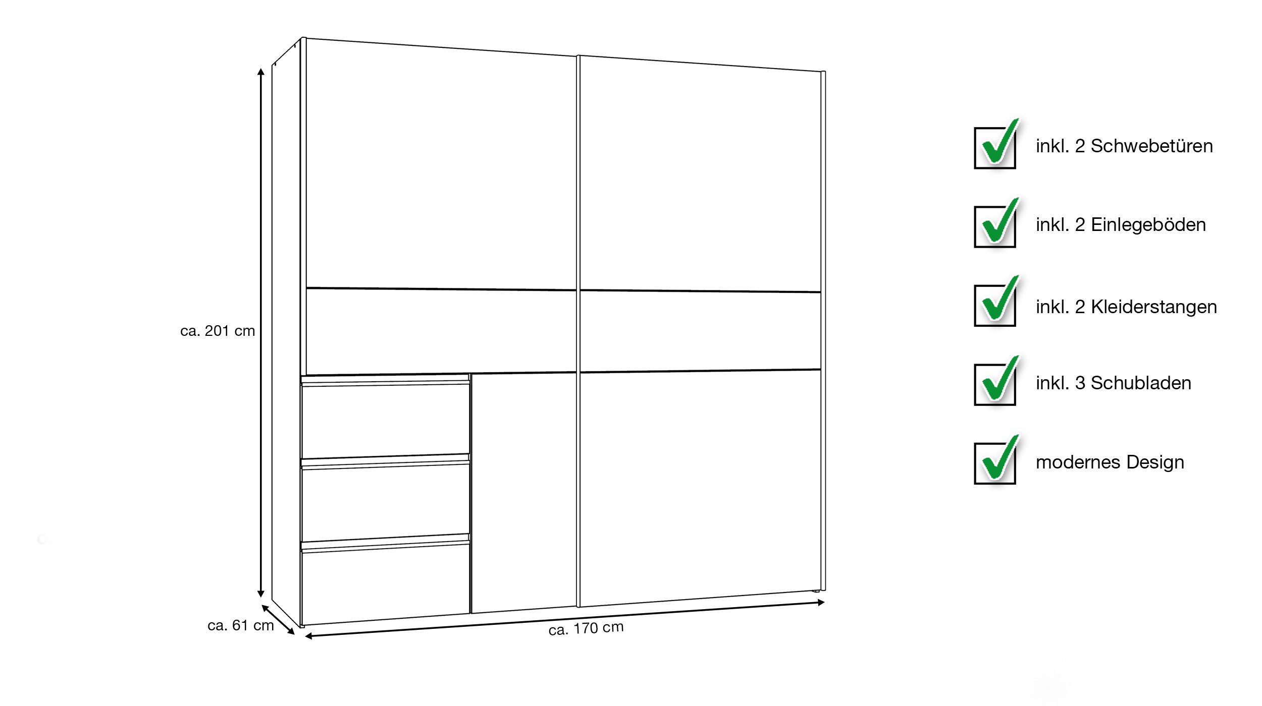 Schwebetürenschrank Artisan Eiche - grau 170 cm - WINN