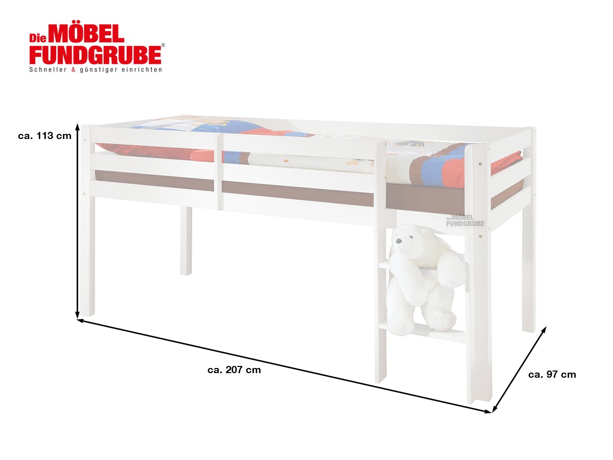 Hochbett 90 x 200 cm Kiefer Massiv weiß Kinderbett - KENI
