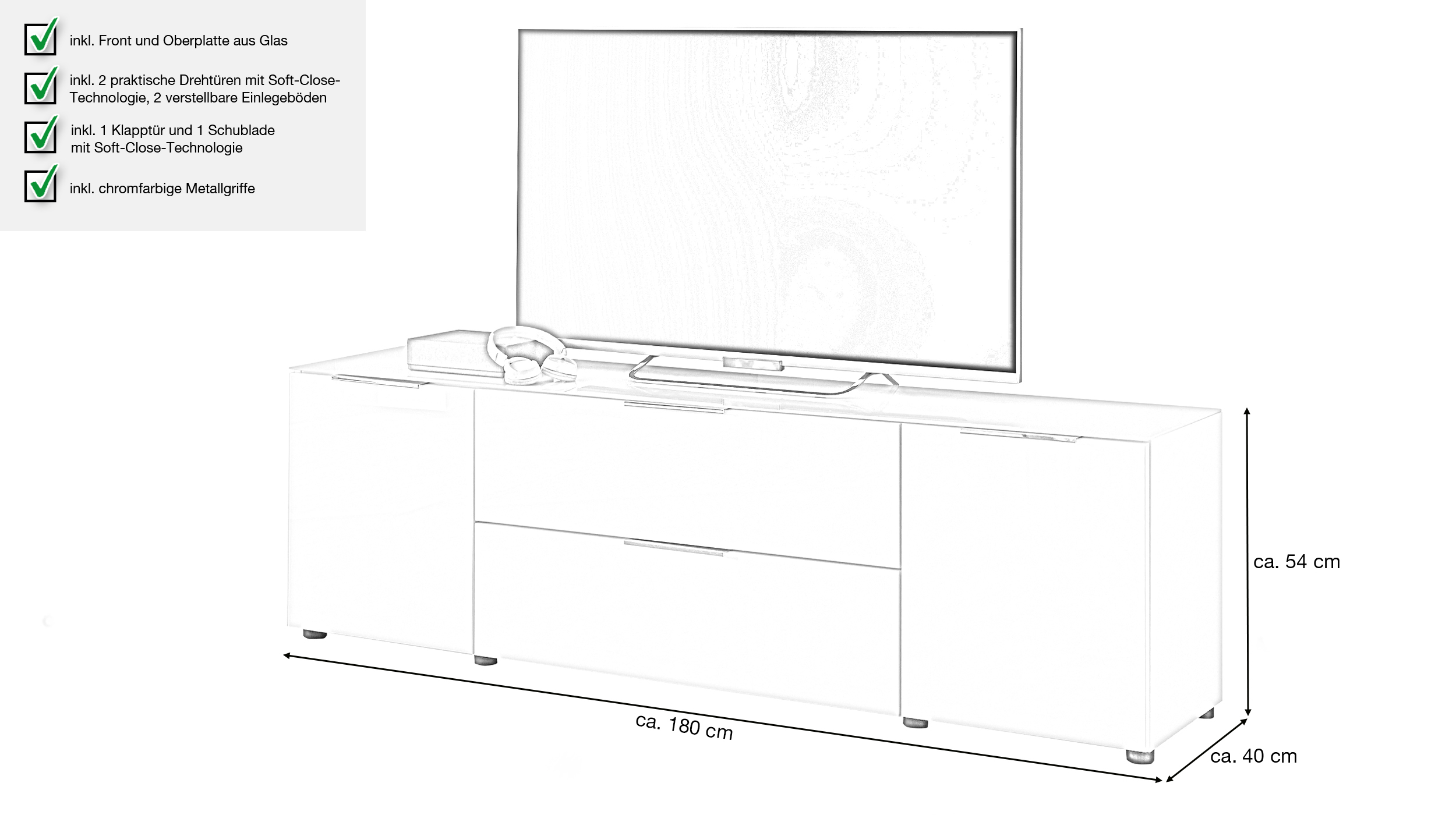 TV-Lowboard weiß - Glasfront - 180 cm - SANTORIN