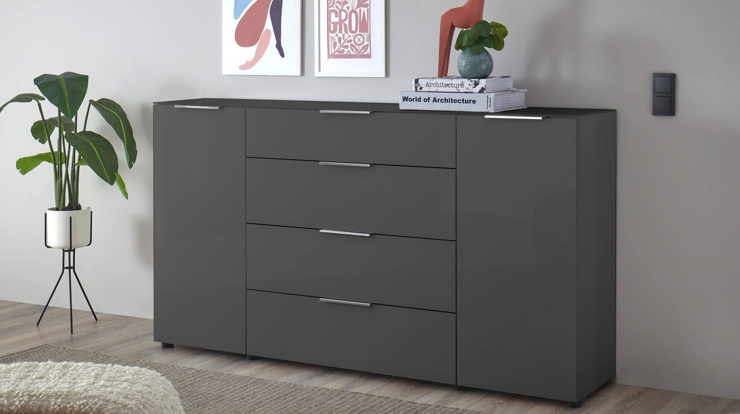 Sideboard 4 Schubladen - anthrazit - Glasfront - 180 cm - SANTORIN