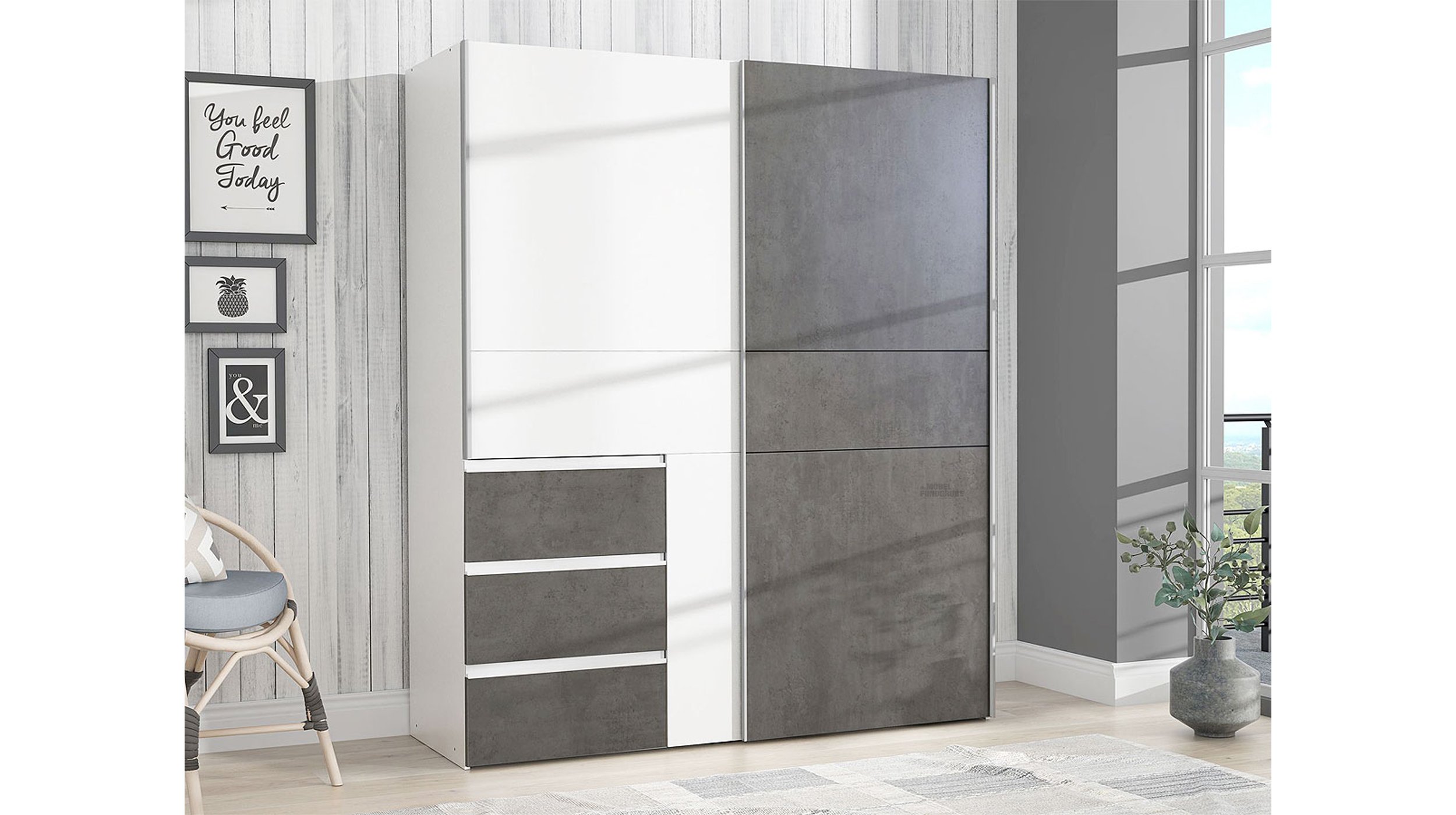 Schwebetürenschrank weiß - grau 170 cm 2-türig - WINN