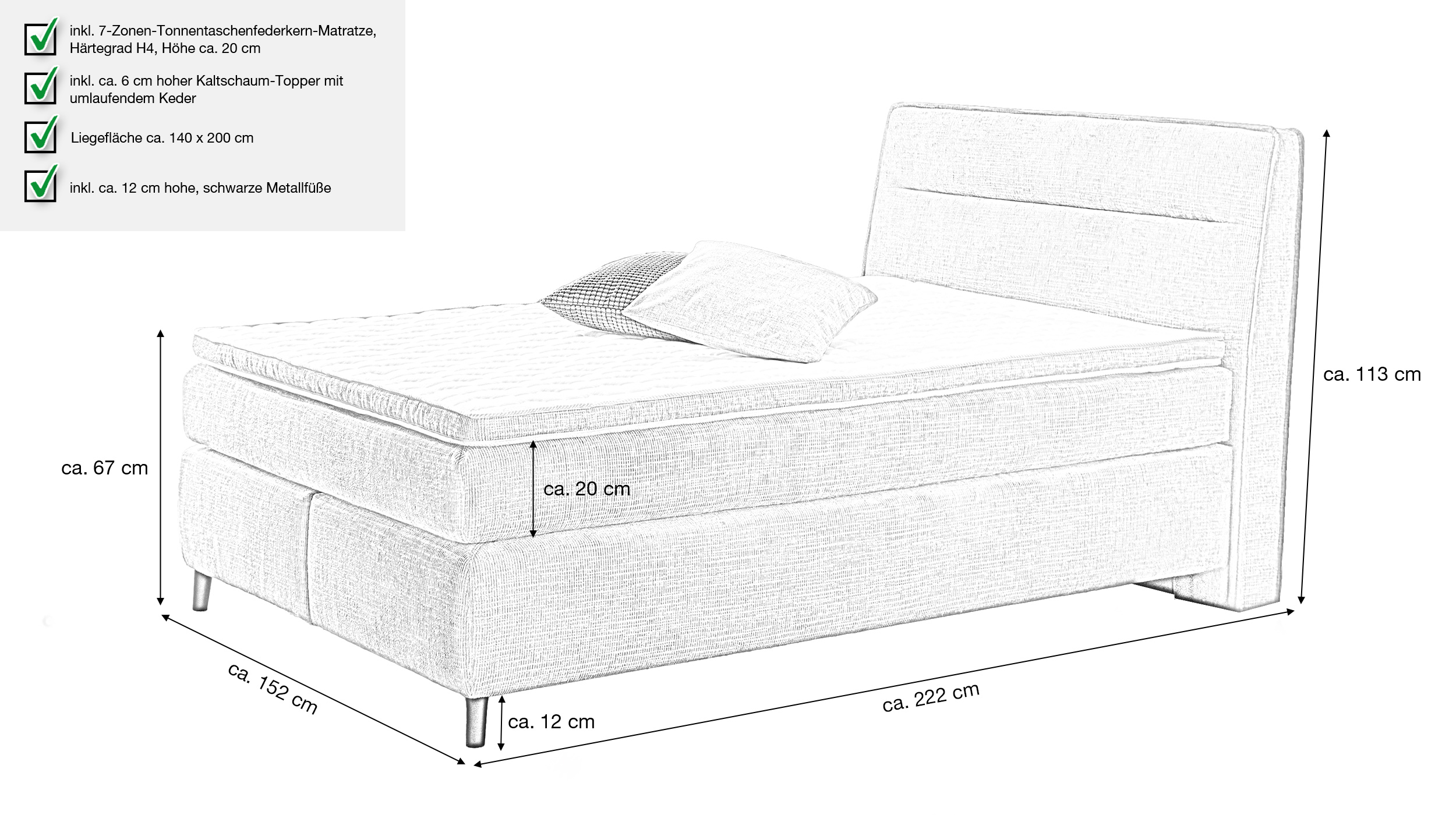 Boxspringbett 140 x 200 cm hellgrau Chenille - BETTY