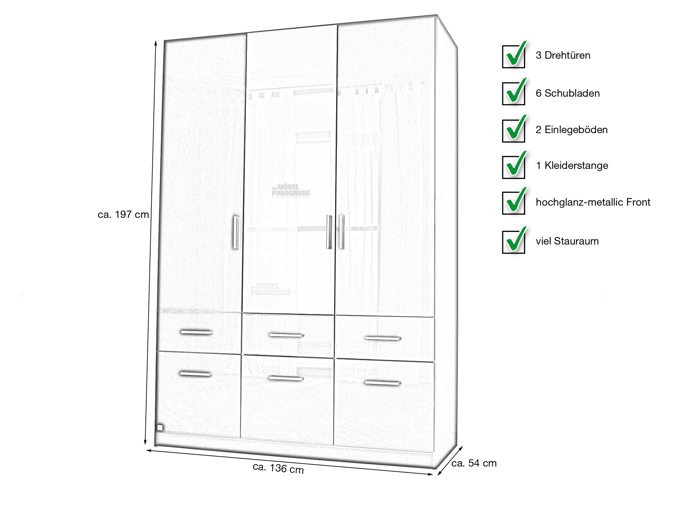 Kleiderschrank grau hochglanz 136 cm mit Spiegel - CELLE