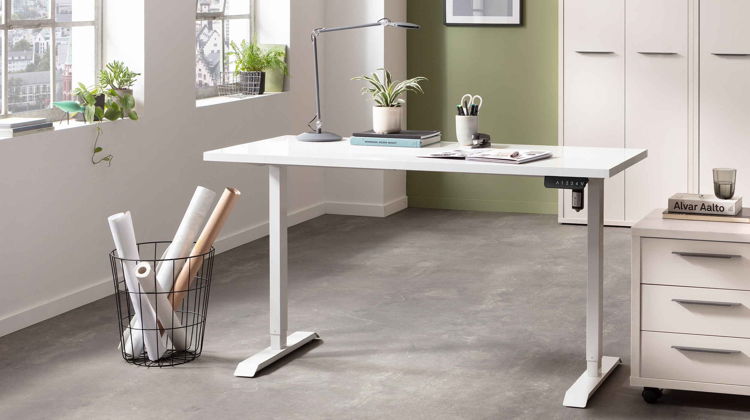 Computerschreibtisch höhenverstellbar weiß hochglanz 150 cm - ENERGIA